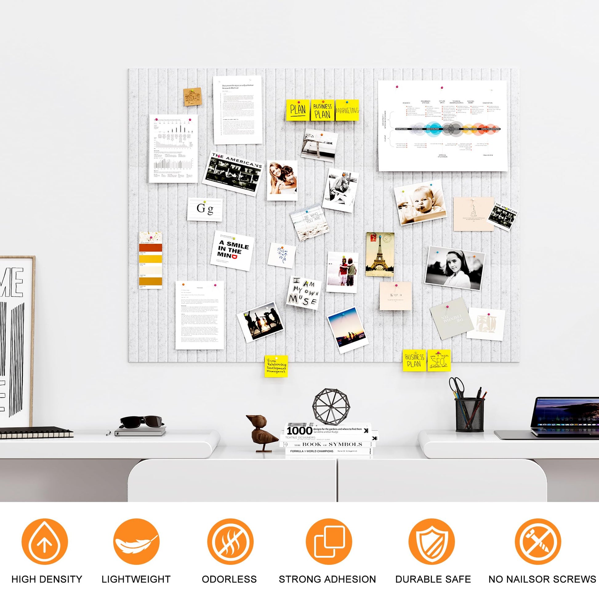 PAG-Mass Felt Bulletin Board Wall Tiles with Removable Adhesive,120×90cm Vision Board Kit for Wall Decorative,Notice Memos Pin Board for Home Office Kitchen,12 Pack-Light Grey - DeKove