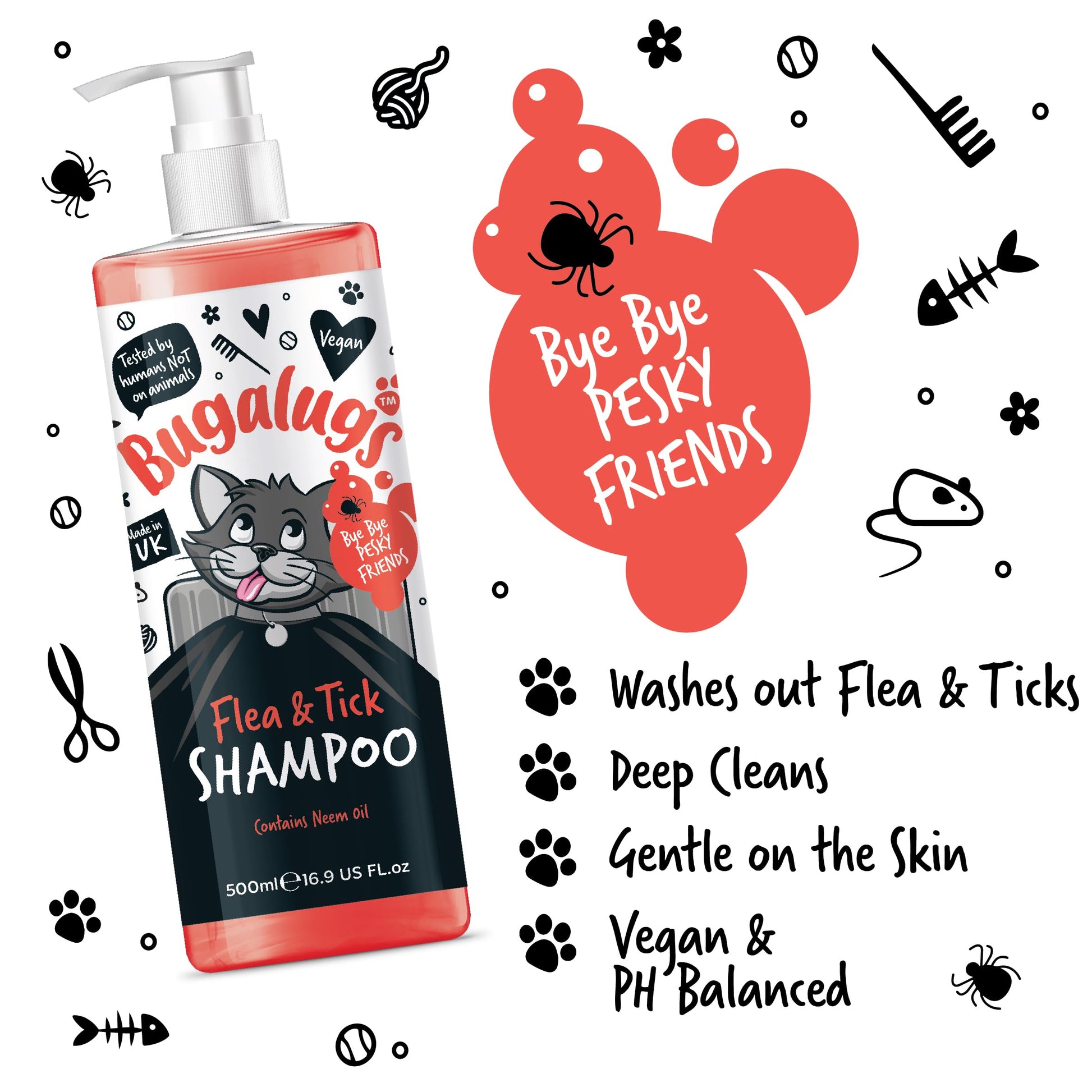 Flea and Tick Cat Shampoo by Bugalugs 500ml, Deep Cleansing for Cats for Fleas, Ticks & Mites contains Neem Oil, PH Balanced Vegan (500ml Flea Shampoo) - DeKove