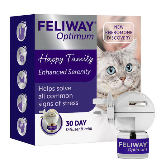 FELIWAY Optimum 30 Day Cat Calming Odourless Plug In Pheromone Diffuser Starter Kit, 48ml - Helps Solve Signs of Stress in Cats & Kittens, Veterinary Recommended, Drug-free, Clinically Proven - DeKove