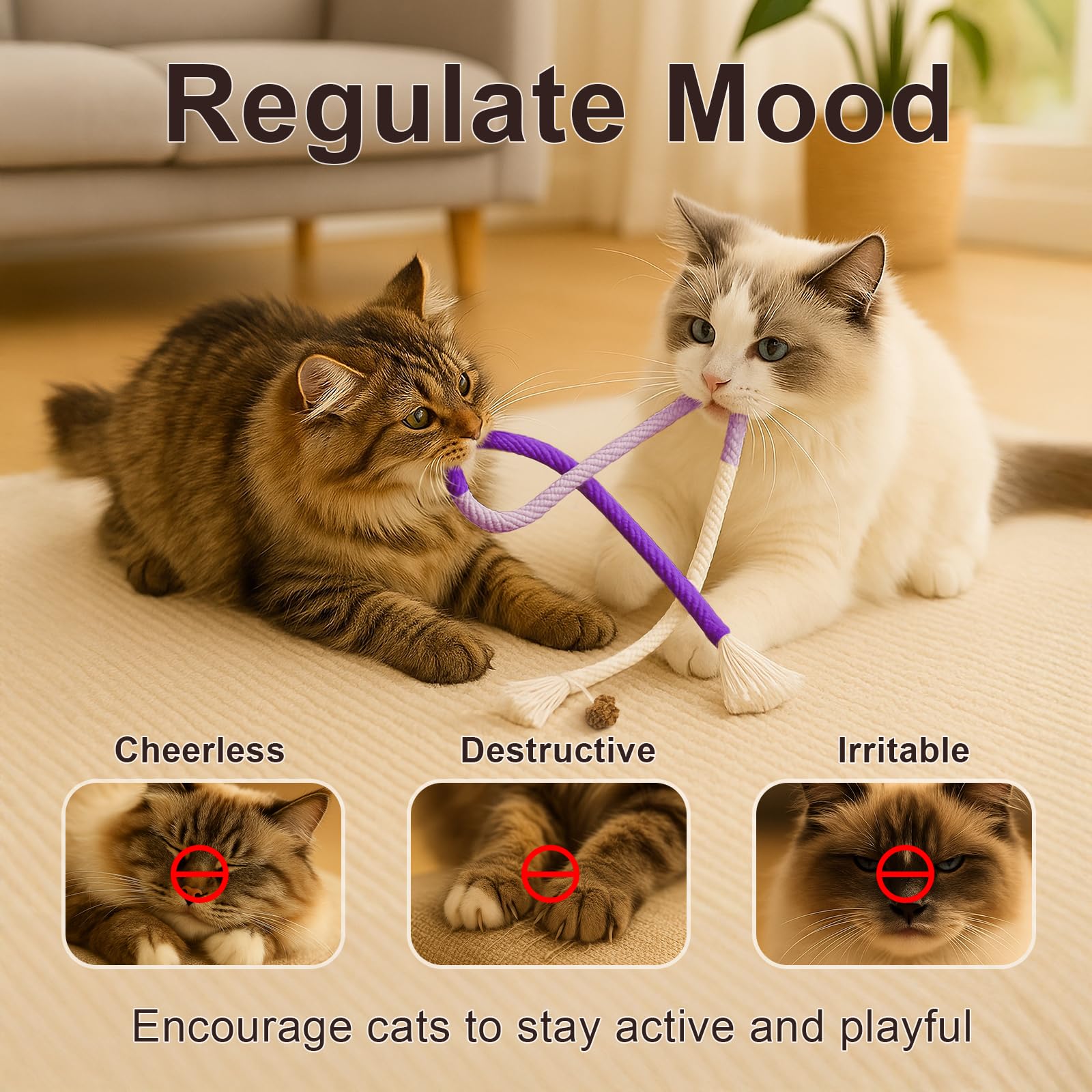 Natural Catnip Chew Rope for Cats – Pack of 3 (27 Inches Each) | Includes Refillable Catnip Pouch | Interactive Cat Toys for Indoor Cats & Kittens | Stress Relief, Dental Health & Enrichment Play - DeKove