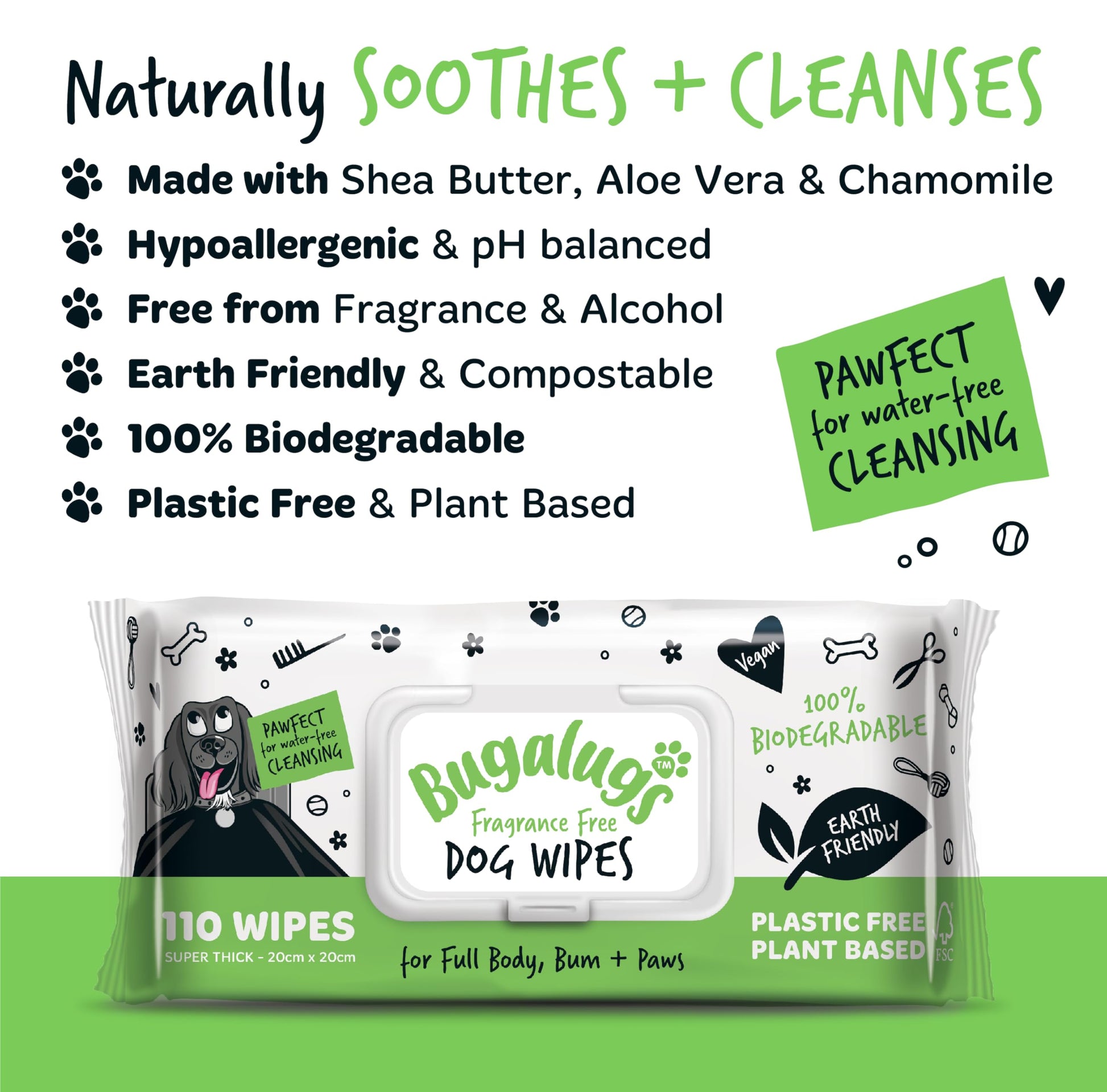 BUGALUGS Dog Wipes, 100% Plastic Free Biodegradable pet wipes for full body, eye wipes, ear wipes, bum & paws. 110 sensitive dog grooming wipes for dogs, puppy & cat grooming (Fragrance Free) - DeKove