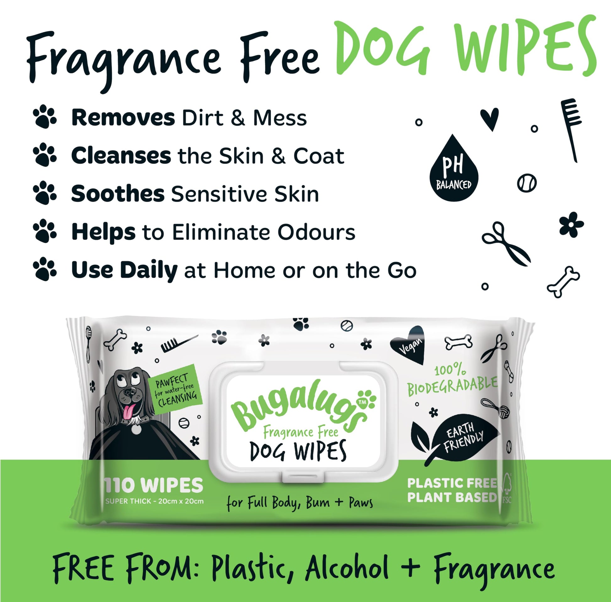BUGALUGS Dog Wipes, 100% Plastic Free Biodegradable pet wipes for full body, eye wipes, ear wipes, bum & paws. 110 sensitive dog grooming wipes for dogs, puppy & cat grooming (Fragrance Free) - DeKove