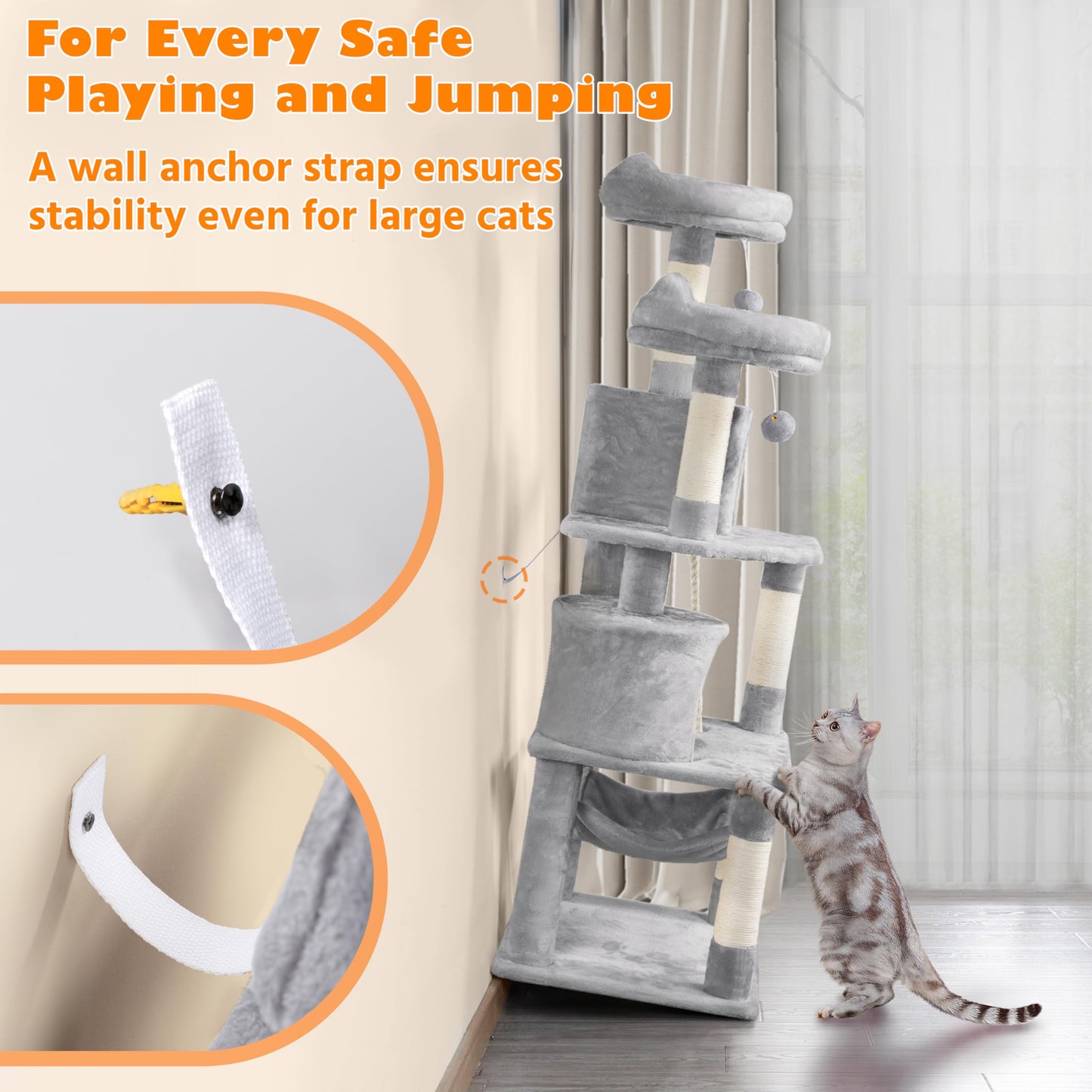 Yaheetech 158cm Multi-level Cat Tree Tower Large Kitten Scratching Posts with Condos/Perches/Hammock Broad-space Kitten Activity Centre, Light Grey - DeKove