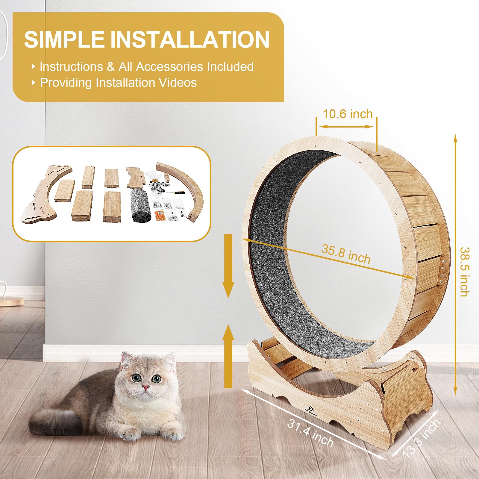 Naviconvex Cat Wheel Cat Exercise Wheel for indoor cats Daily Exercise with Nature Wood Colour The cat treadmill is the best gift for your cat's healthy growth - DeKove