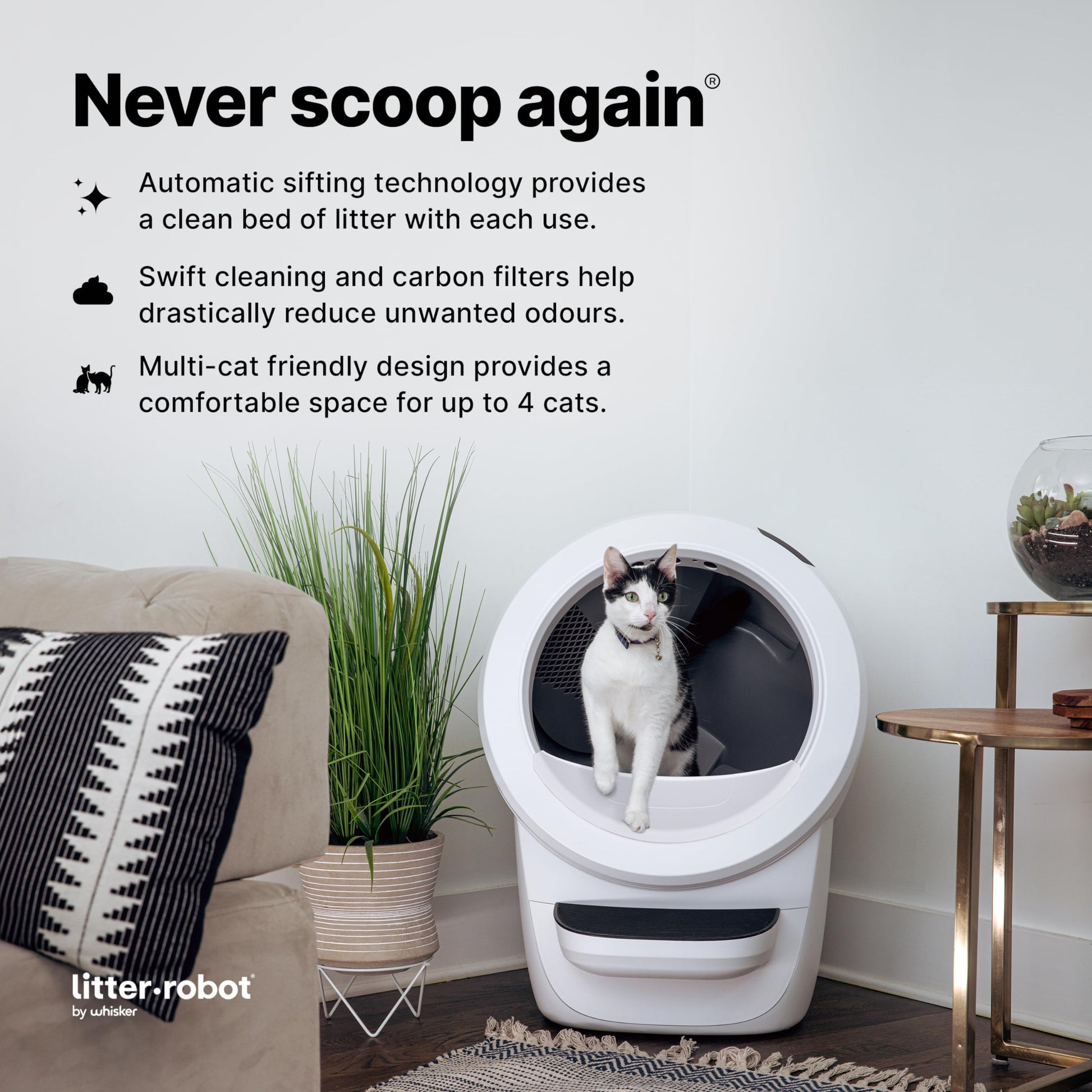 Litter-Robot 4 with Step & Fence by Whisker (White) - Automatic, Self-Cleaning Cat Litter Box, WiFi Enabled, Works with Any Clumping Litter, Complimentary 2-Year WhiskerCare Warranty - DeKove