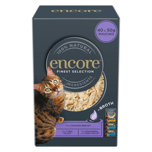 Encore 100 Percent Natural Wet Cat Food Pouch, Chicken and Fish Selection in Broth, 50g Pouch (Pack of 40 pouches) - DeKove