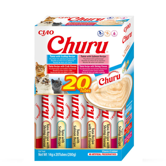 Churu by INABA Cat Treat - Tuna Seafood Variety Box - 1 Pack (20 x 14g total) / Soft & Creamy Cat Treat, Delicious & Healthy Snack, Purée Food Topper, Natural, Grain Free - DeKove