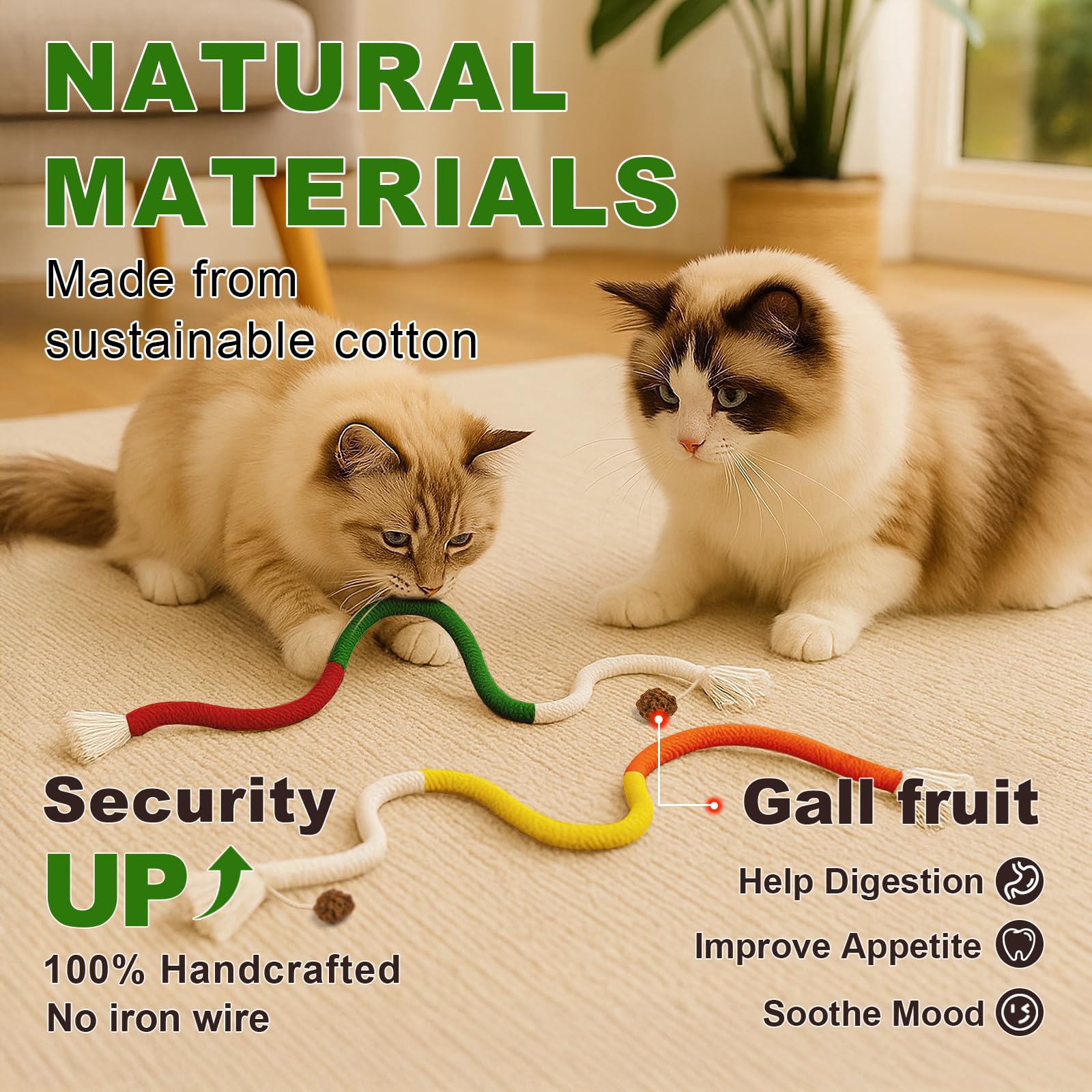 Natural Catnip Chew Rope for Cats – Pack of 3 (27 Inches Each) | Includes Refillable Catnip Pouch | Interactive Cat Toys for Indoor Cats & Kittens | Stress Relief, Dental Health & Enrichment Play - DeKove