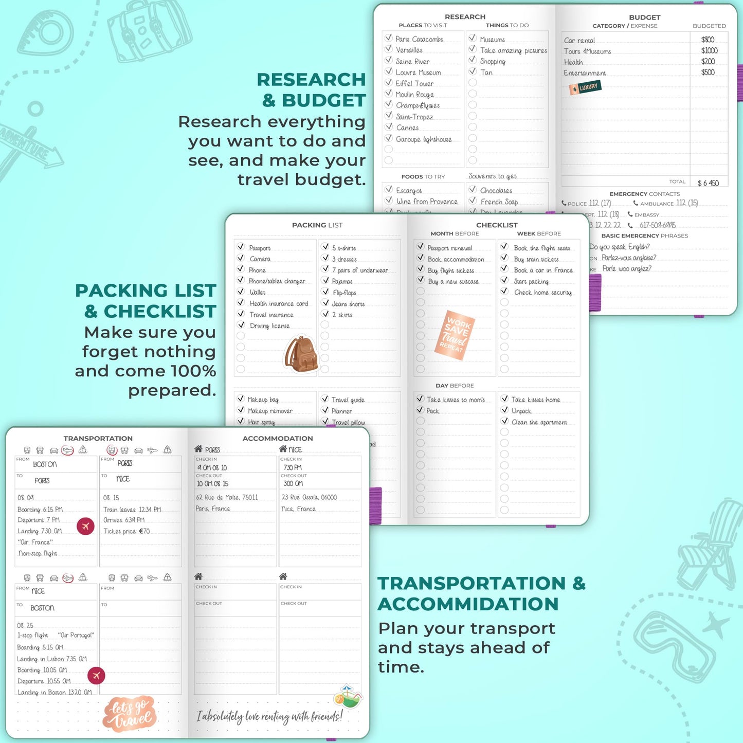 Clever Fox Travel Journal – Vacation Planner with Budget Plan, Packing List, Expense Tracker & Trip Journal – Travelling Itinerary Organizer for Women, Men & Couples – Pocket Size, Turquoise - DeKove