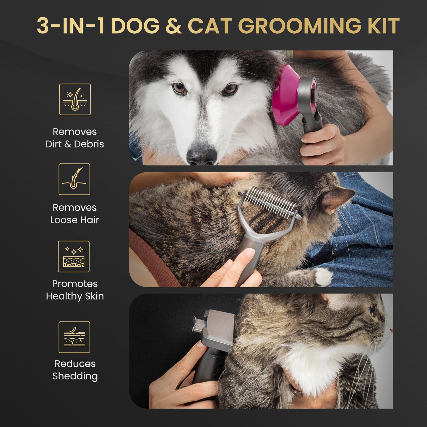 Pet Grooming Comb for Dogs and Cats - Detangling, Dematting, and Massaging with Self-Cleaning Button - Pet Care, New Puppy Gift, New Kitten Gift, Pet Grooming, Luxury Pet Care, Undercoat Rake - DeKove