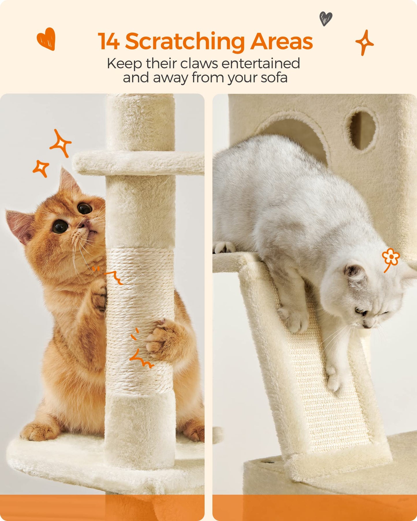 Feandrea Cat Tree, 206 cm Large Cat Tower with 13 Scratching Posts, 1 Scratching Ramp, 2 Perches, 2 Caves, Basket, Hammock, Pompoms, Multi-Level Plush Cat Condo for Indoor Cats, Beige PCT190M01 - DeKove