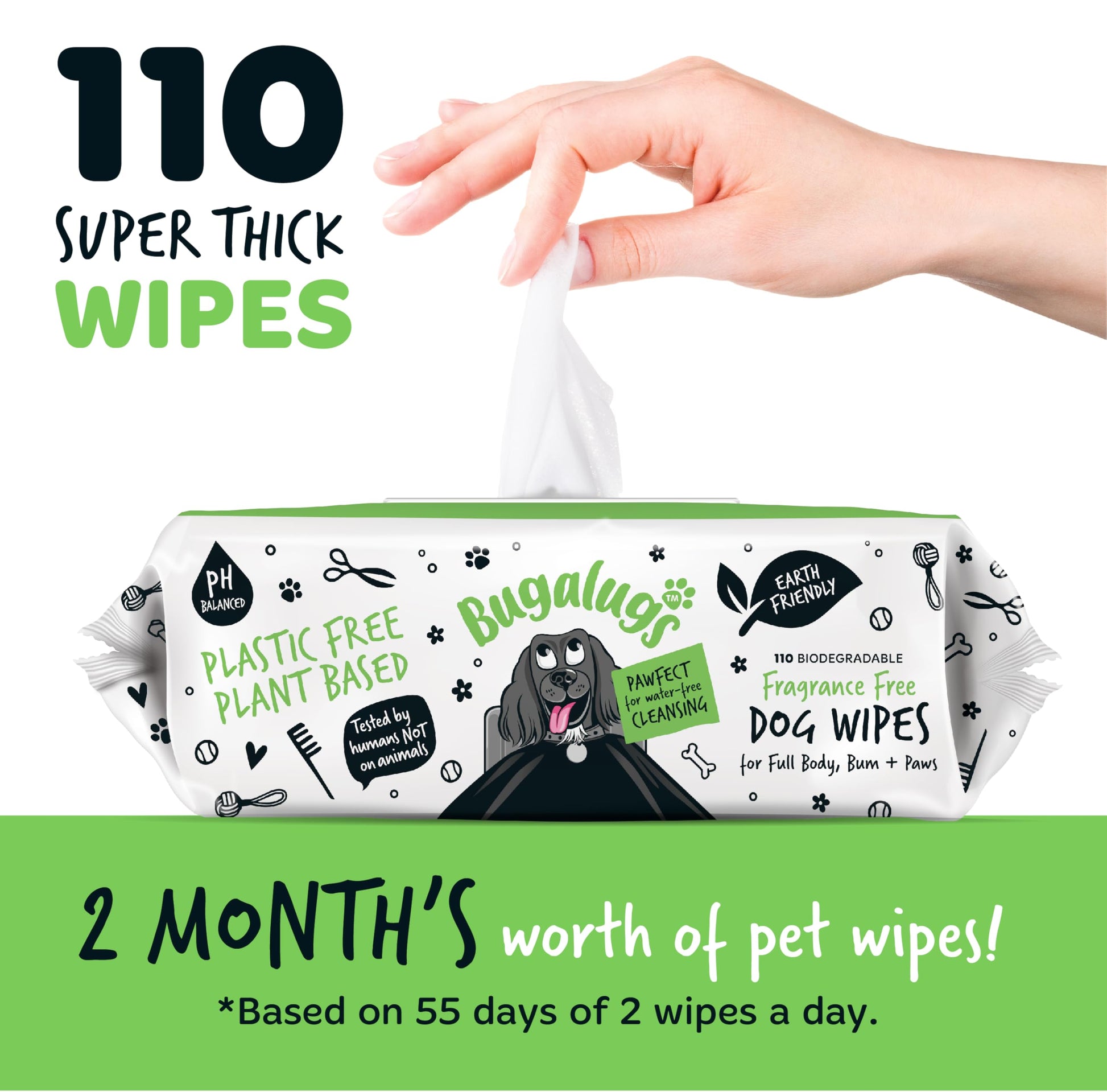 BUGALUGS Dog Wipes, 100% Plastic Free Biodegradable pet wipes for full body, eye wipes, ear wipes, bum & paws. 110 sensitive dog grooming wipes for dogs, puppy & cat grooming (Fragrance Free) - DeKove
