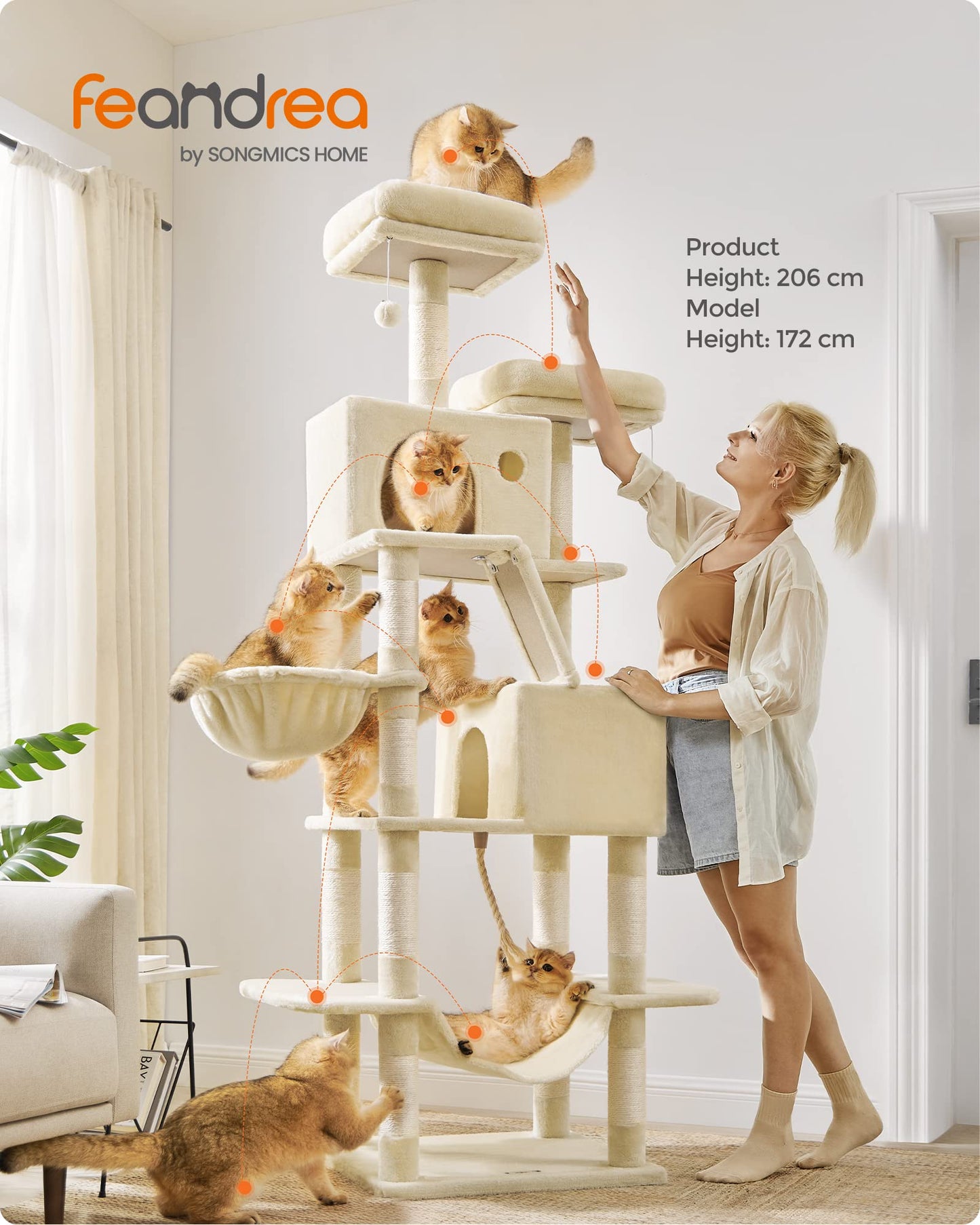 Feandrea Cat Tree, 206 cm Large Cat Tower with 13 Scratching Posts, 1 Scratching Ramp, 2 Perches, 2 Caves, Basket, Hammock, Pompoms, Multi-Level Plush Cat Condo for Indoor Cats, Beige PCT190M01 - DeKove