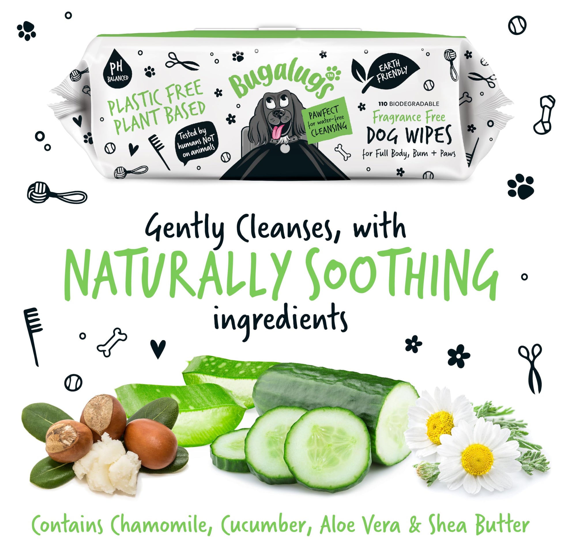 BUGALUGS Dog Wipes, 100% Plastic Free Biodegradable pet wipes for full body, eye wipes, ear wipes, bum & paws. 110 sensitive dog grooming wipes for dogs, puppy & cat grooming (Fragrance Free) - DeKove