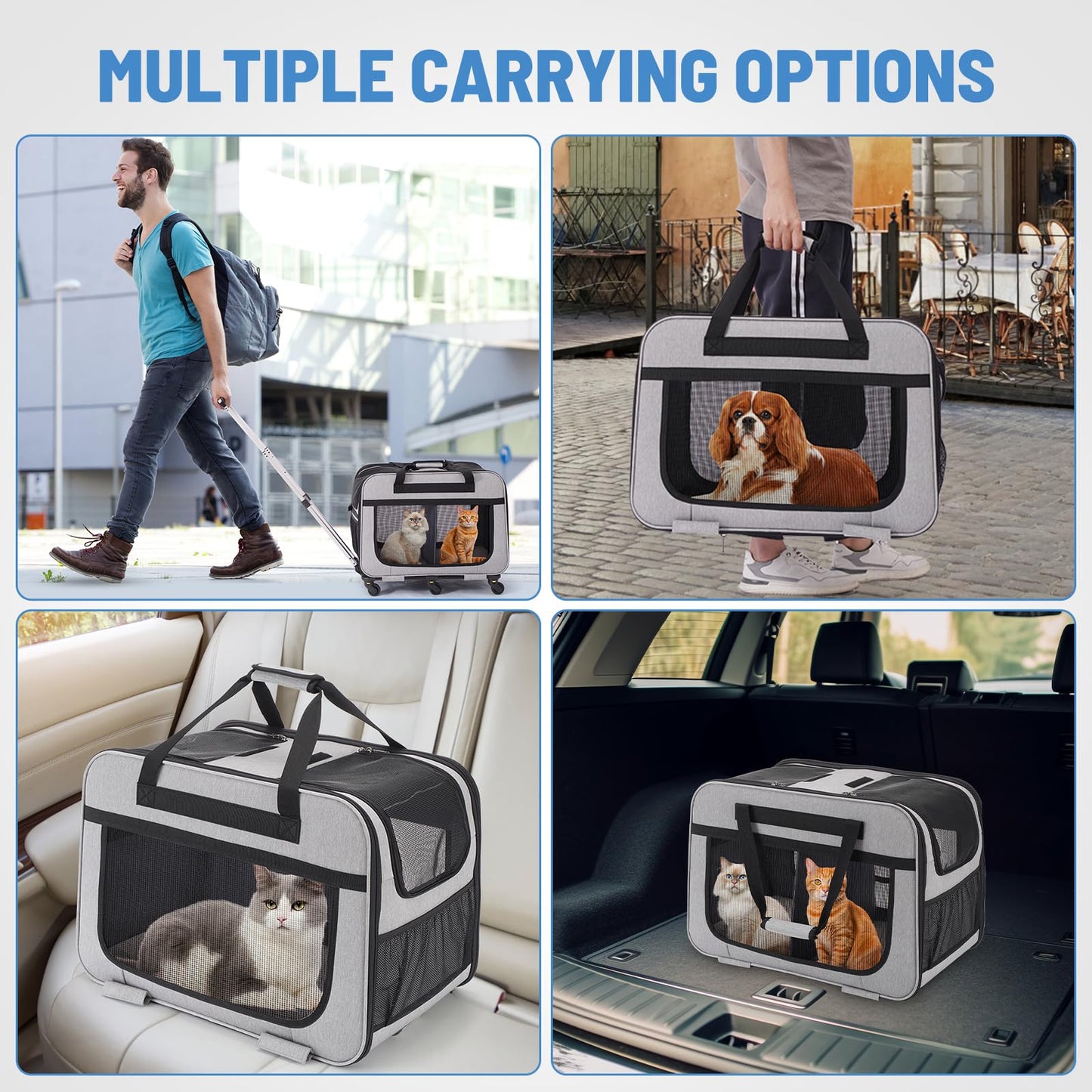 HOVONO Extra Large Double Pet Carrier with Wheels for Small Dogs and All-Breed Cats, Cat Rolling Carrier for 2 Cats, Support up to 40 Lbs, Grey - DeKove