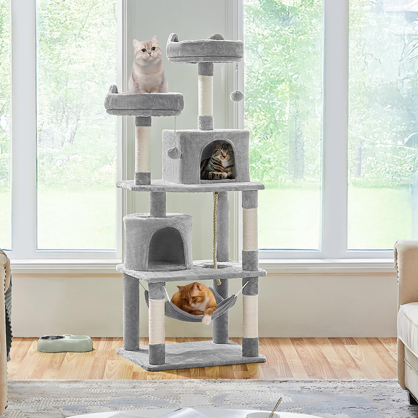 Yaheetech 158cm Multi-level Cat Tree Tower Large Kitten Scratching Posts with Condos/Perches/Hammock Broad-space Kitten Activity Centre, Light Grey - DeKove