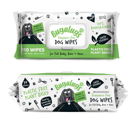 BUGALUGS Dog Wipes, 100% Plastic Free Biodegradable pet wipes for full body, eye wipes, ear wipes, bum & paws. 110 sensitive dog grooming wipes for dogs, puppy & cat grooming (Fragrance Free) - DeKove