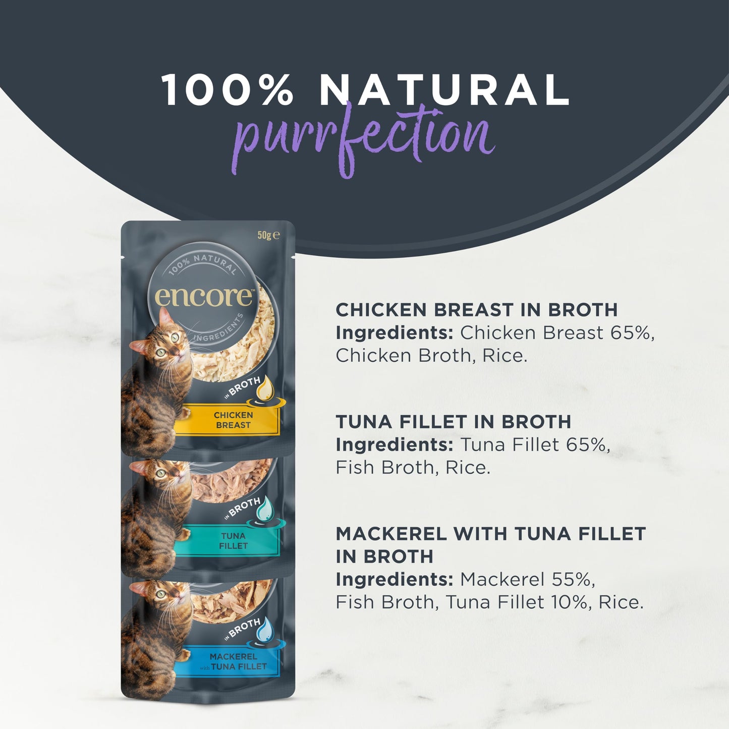 Encore 100 Percent Natural Wet Cat Food Pouch, Chicken and Fish Selection in Broth, 50g Pouch (Pack of 40 pouches) - DeKove