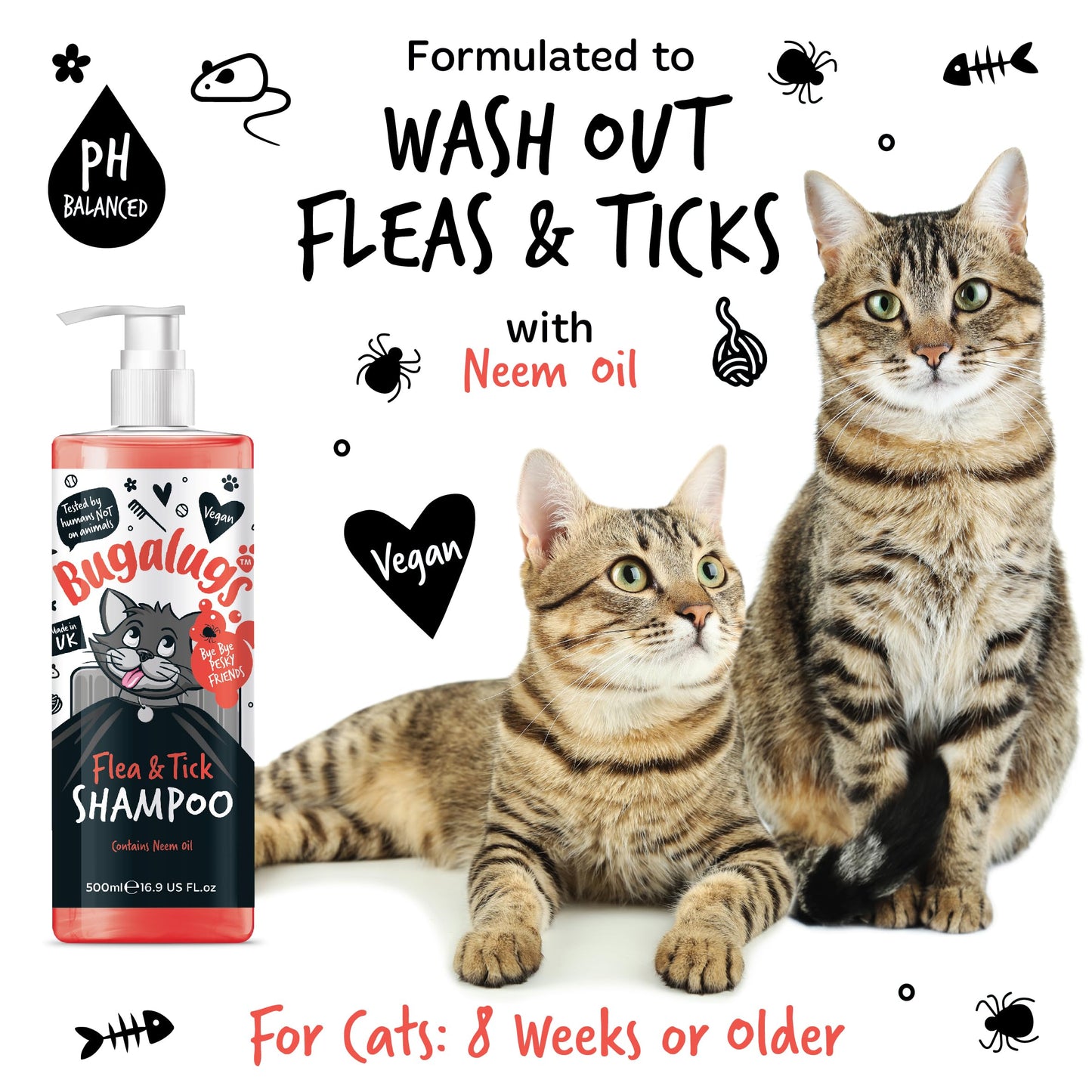 Flea and Tick Cat Shampoo by Bugalugs 500ml, Deep Cleansing for Cats for Fleas, Ticks & Mites contains Neem Oil, PH Balanced Vegan (500ml Flea Shampoo) - DeKove