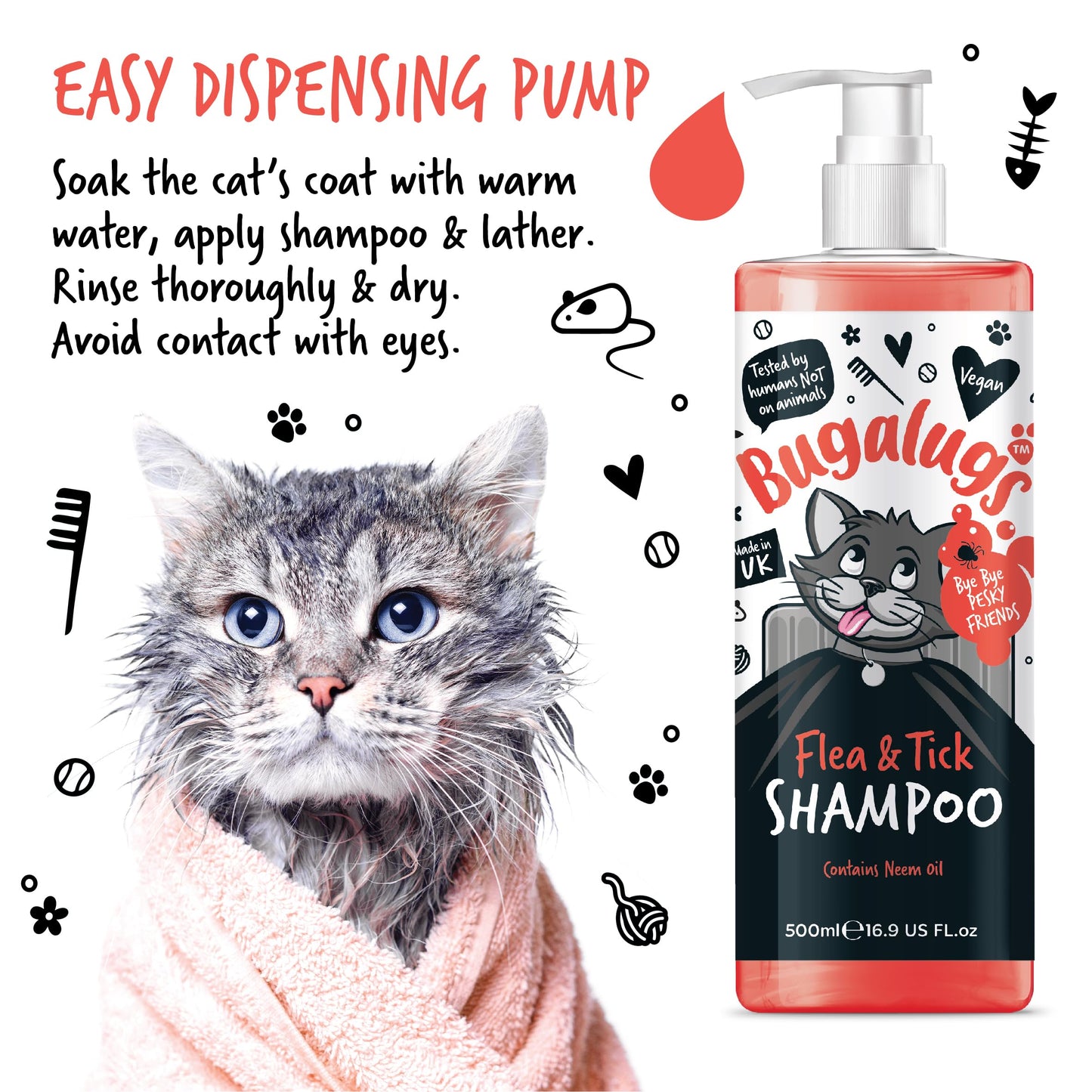 Flea and Tick Cat Shampoo by Bugalugs 500ml, Deep Cleansing for Cats for Fleas, Ticks & Mites contains Neem Oil, PH Balanced Vegan (500ml Flea Shampoo) - DeKove