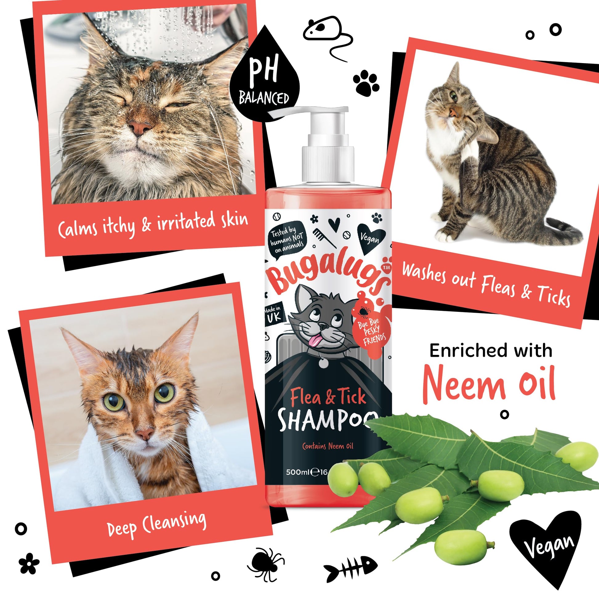Flea and Tick Cat Shampoo by Bugalugs 500ml, Deep Cleansing for Cats for Fleas, Ticks & Mites contains Neem Oil, PH Balanced Vegan (500ml Flea Shampoo) - DeKove