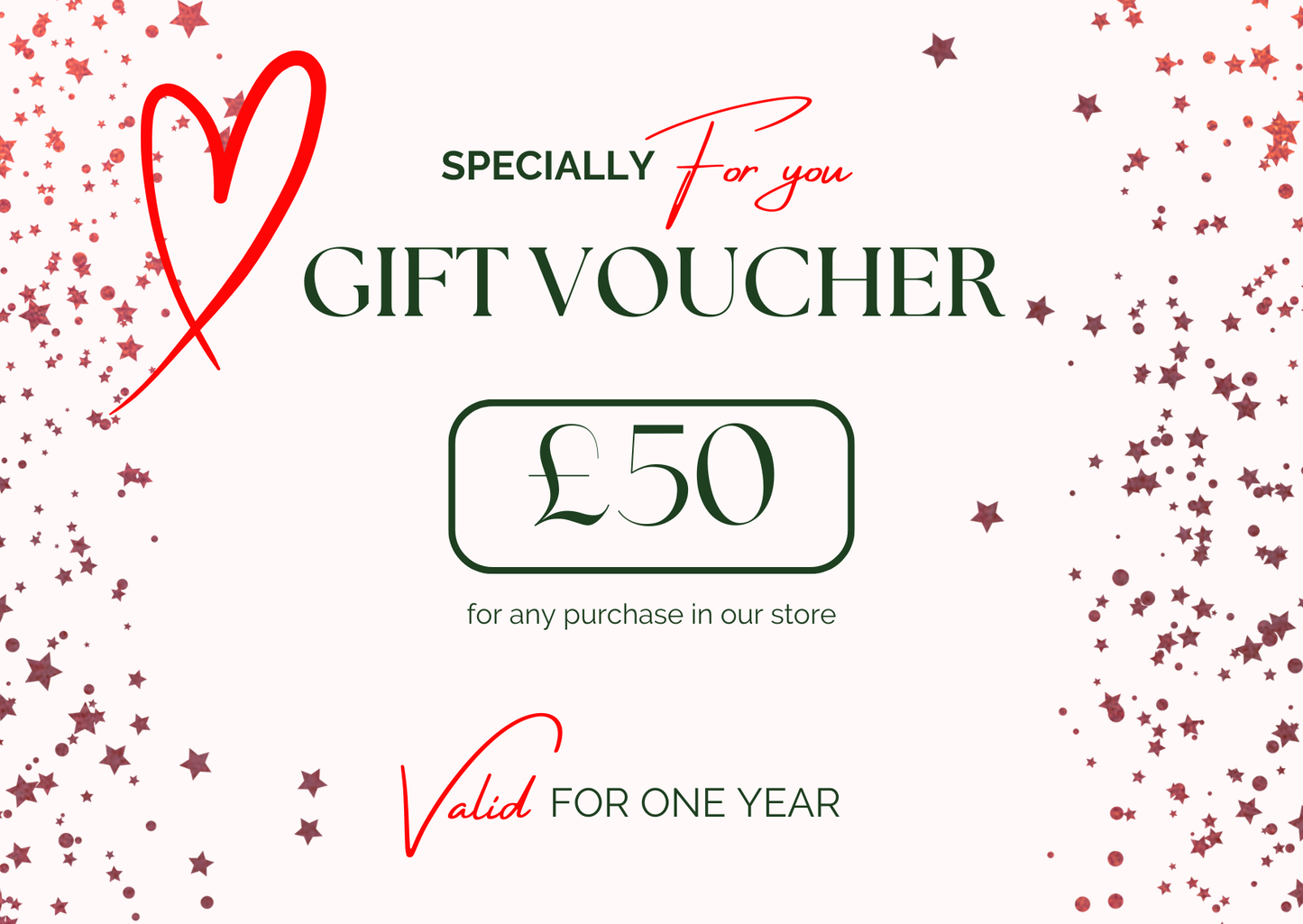A 50-pound gift voucher graphic with a white background, decorated with red and dark green text and star confetti. The text reads 'SPECIALLY For you GIFT VOUCHER', '£50', and 'Valid FOR ONE YEAR'. DeKove