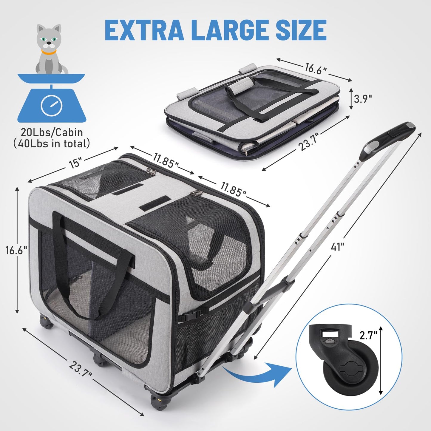 HOVONO Extra Large Double Pet Carrier with Wheels for Small Dogs and All-Breed Cats, Cat Rolling Carrier for 2 Cats, Support up to 40 Lbs, Grey - DeKove