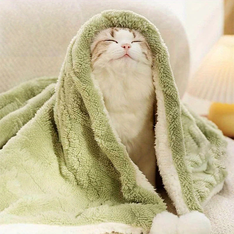 Cute Cat Warm Flannel Green Blanket - DeKove