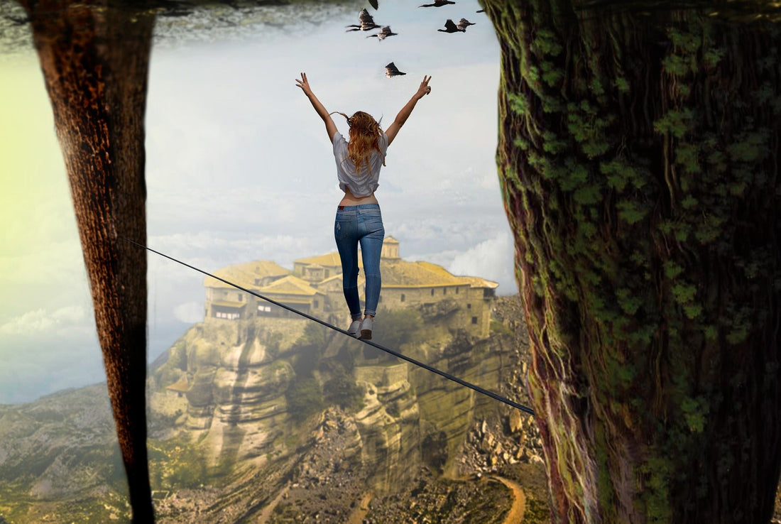 Women balanced on a rod in a beautiful panoramic background DeKove
