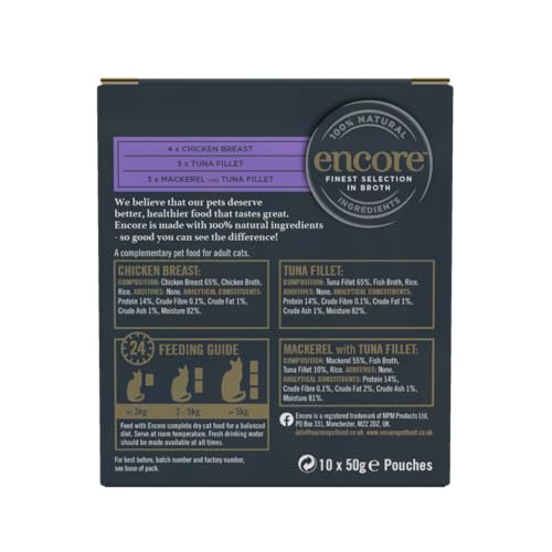 Encore 100 Percent Natural Wet Cat Food Pouch, Chicken and Fish Selection in Broth, 50g Pouch (Pack of 40 pouches) - DeKove