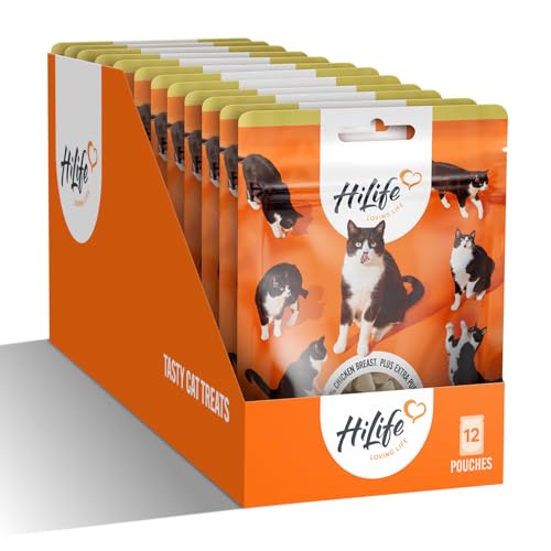 HiLife Chicken Breast Cat Treats, Freeze Dried & Grain Free Chicken Treats for Adult Cats, Made With 100% Natural Ingredients, Suitable for Indoor & Outdoor Cats (12 Bags x 10g) - DeKove