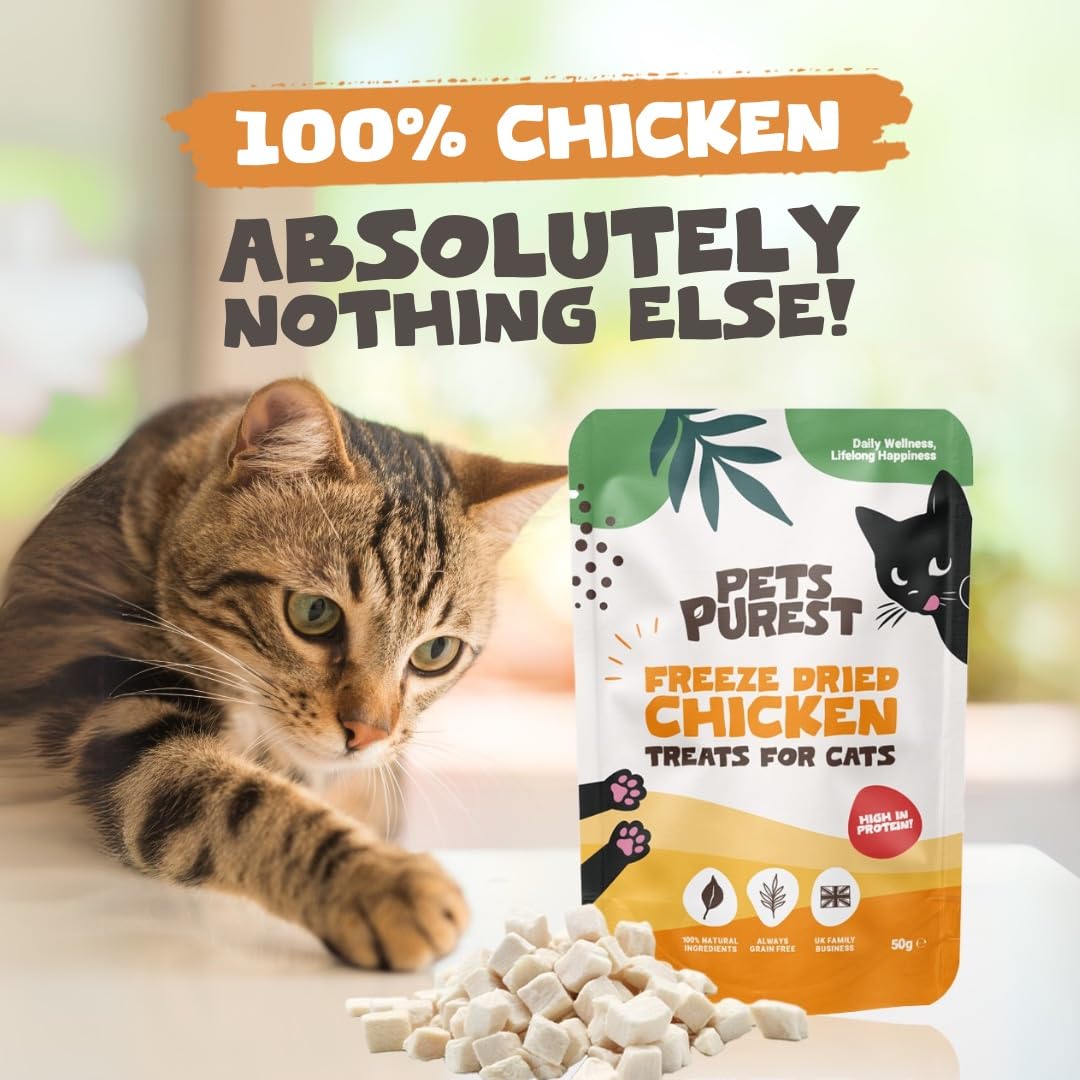 Pets Purest Cat Treats, 100% Chicken Freeze Dried Cat Treats, High Protein - Low Fat Treat for Cats & Kittens 50g - DeKove
