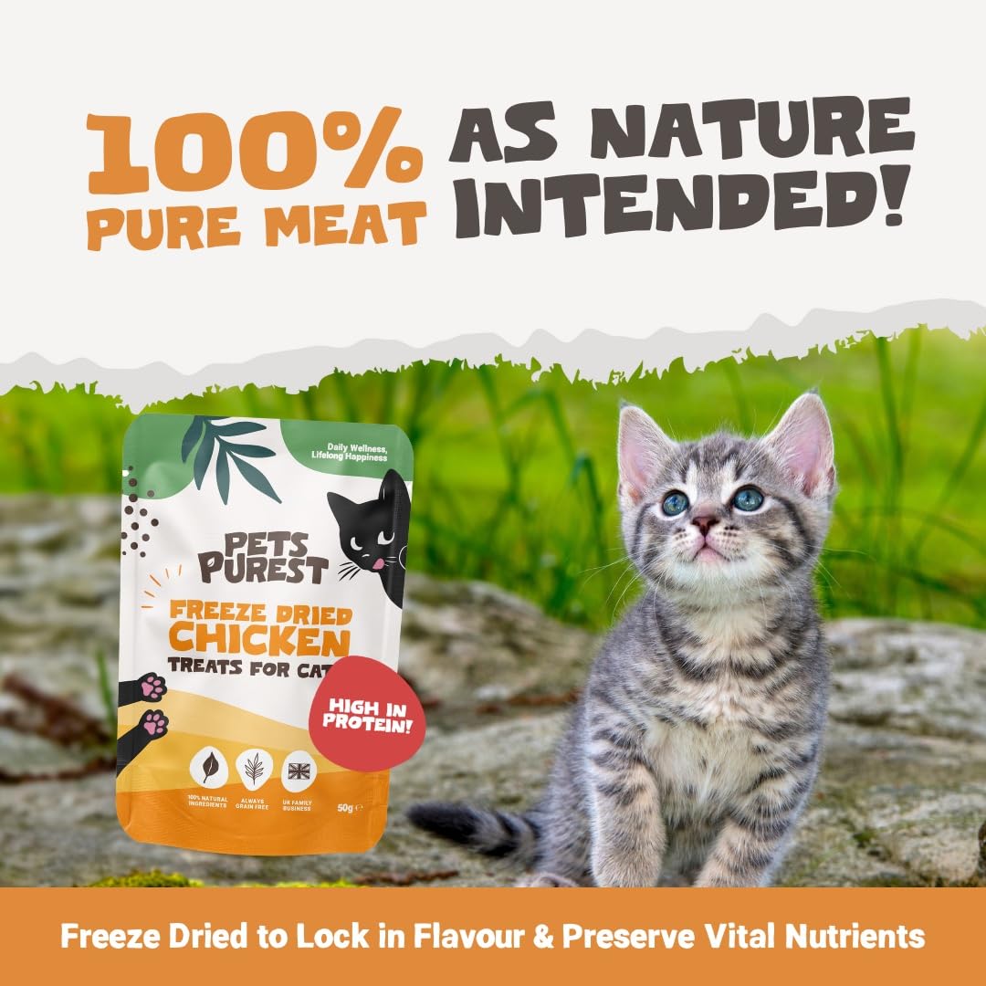 Pets Purest Cat Treats, 100% Chicken Freeze Dried Cat Treats, High Protein - Low Fat Treat for Cats & Kittens 50g - DeKove