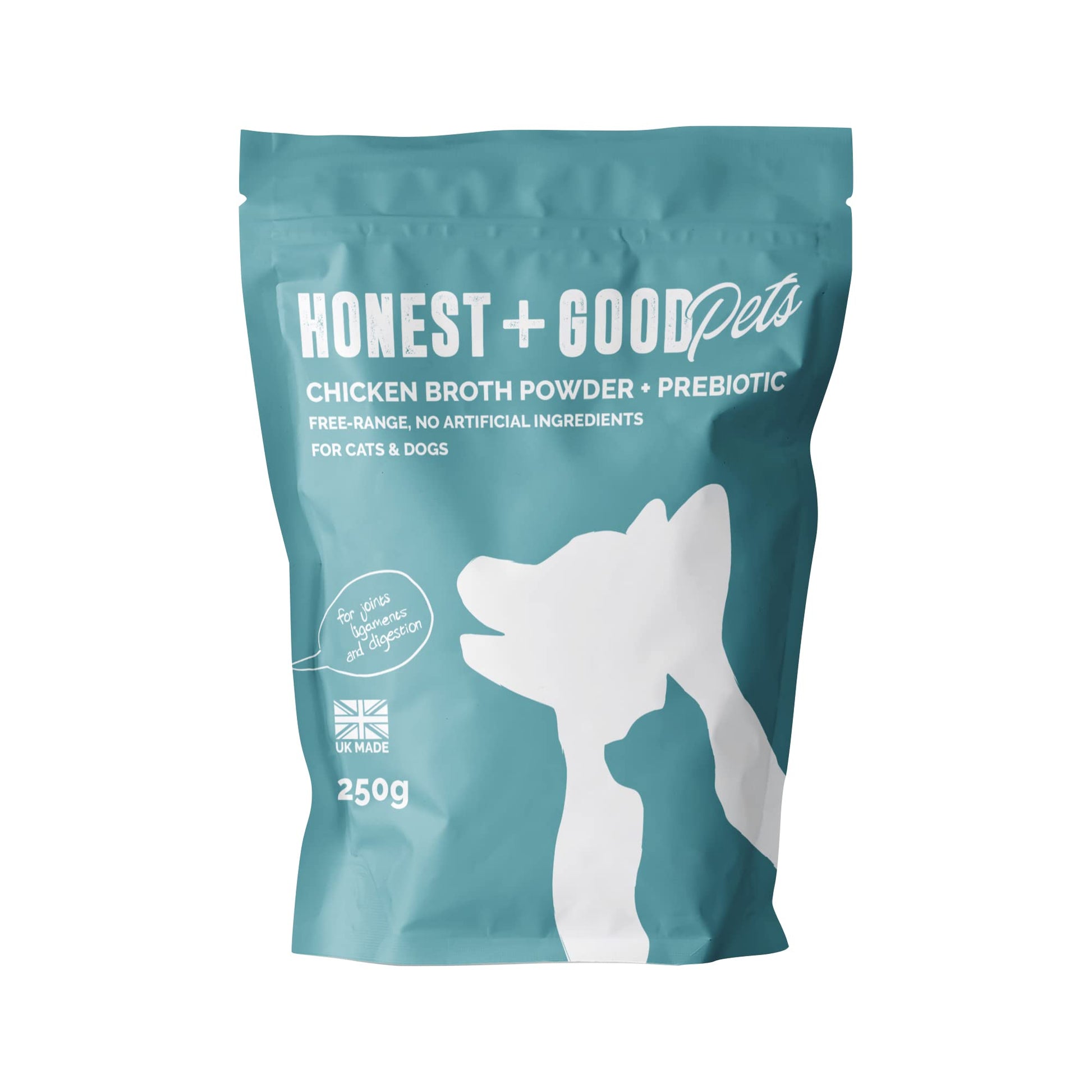 Honest + Good Pets UK's Chicken Bone Broth + Pre-biotic | Hip & Joint, Digestion, Gut for Dogs & Cats | Dog & Cat Bone Broth | High in Type II Collagen & Fibre | 50 Servings 250g - DeKove