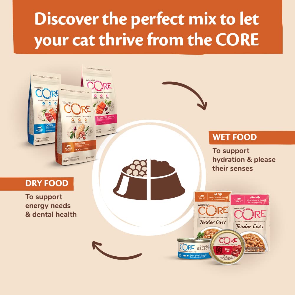 Wellness CORE 98 Percent, 12 x 85g, Chicken & Salmon, Wet Cat Food, Chunky Cat Pate, All-Natural, Grain-Free, High Meat Content, Protein-Rich, Limited Ingredient Recipe - DeKove