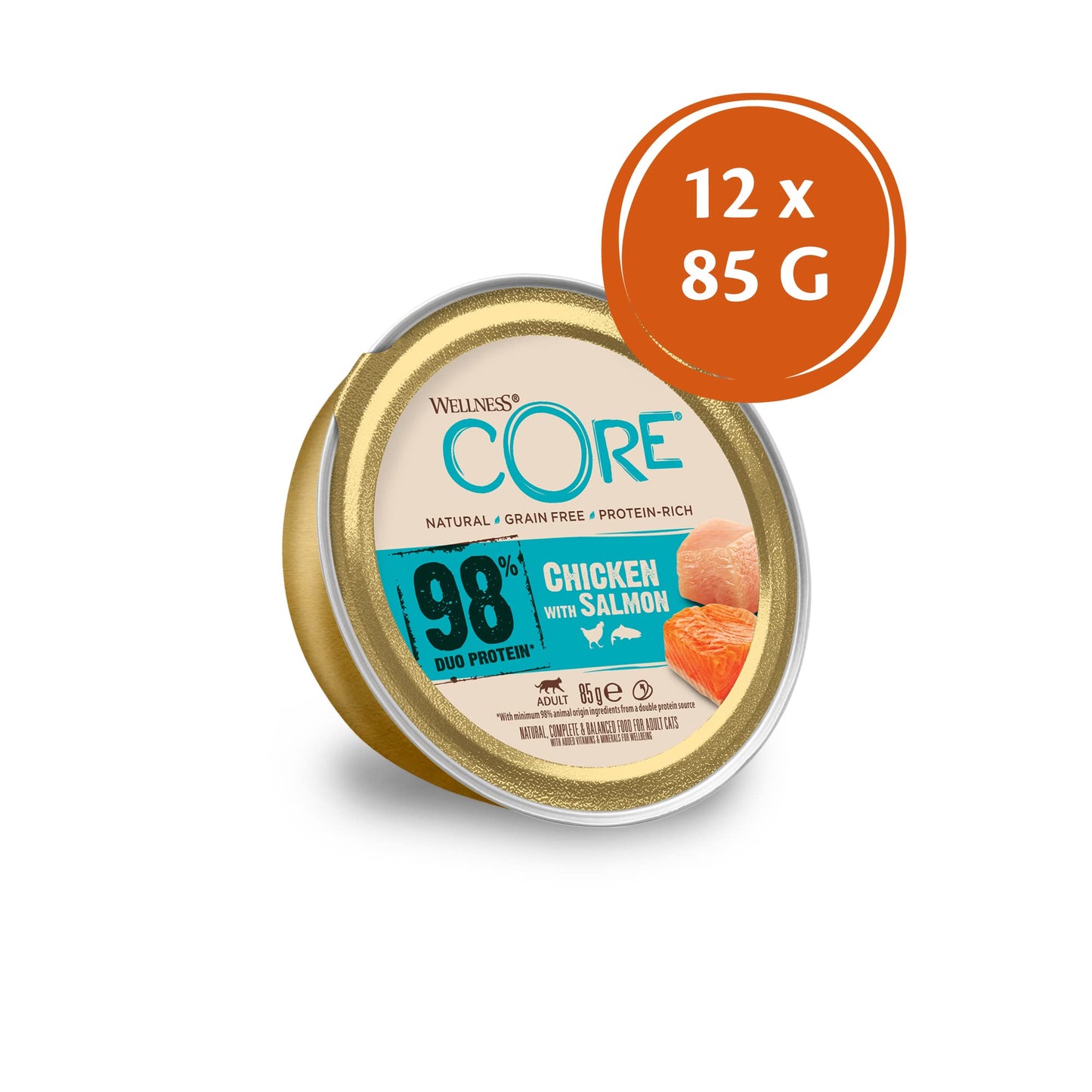 Wellness CORE 98 Percent, 12 x 85g, Chicken & Salmon, Wet Cat Food, Chunky Cat Pate, All-Natural, Grain-Free, High Meat Content, Protein-Rich, Limited Ingredient Recipe - DeKove