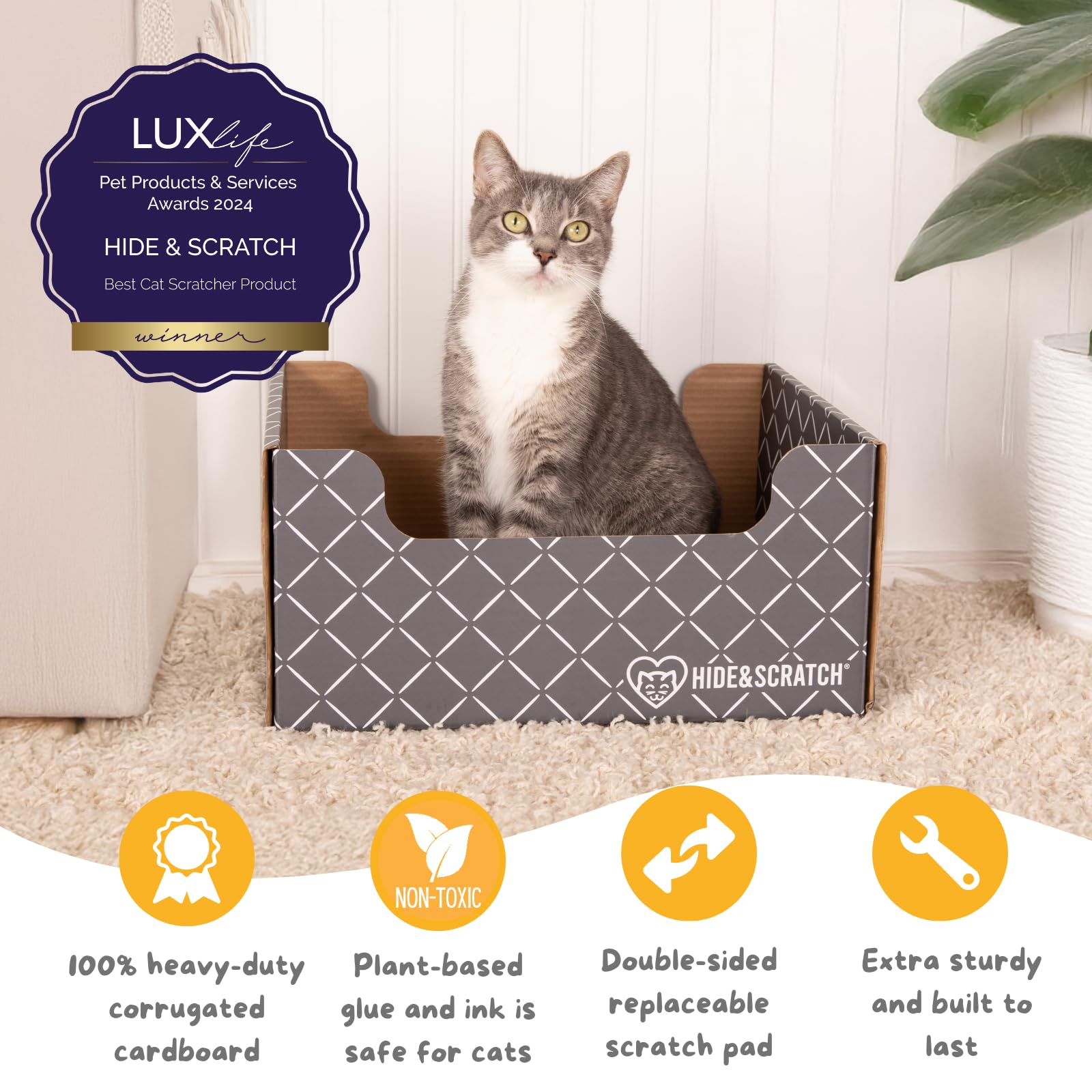 HIDE & SCRATCH Large Cardboard Cat Bed and Scratching Box with Refillable Double-Sided Cardboard Cat Scratching Board (40 x 33cm) - DeKove