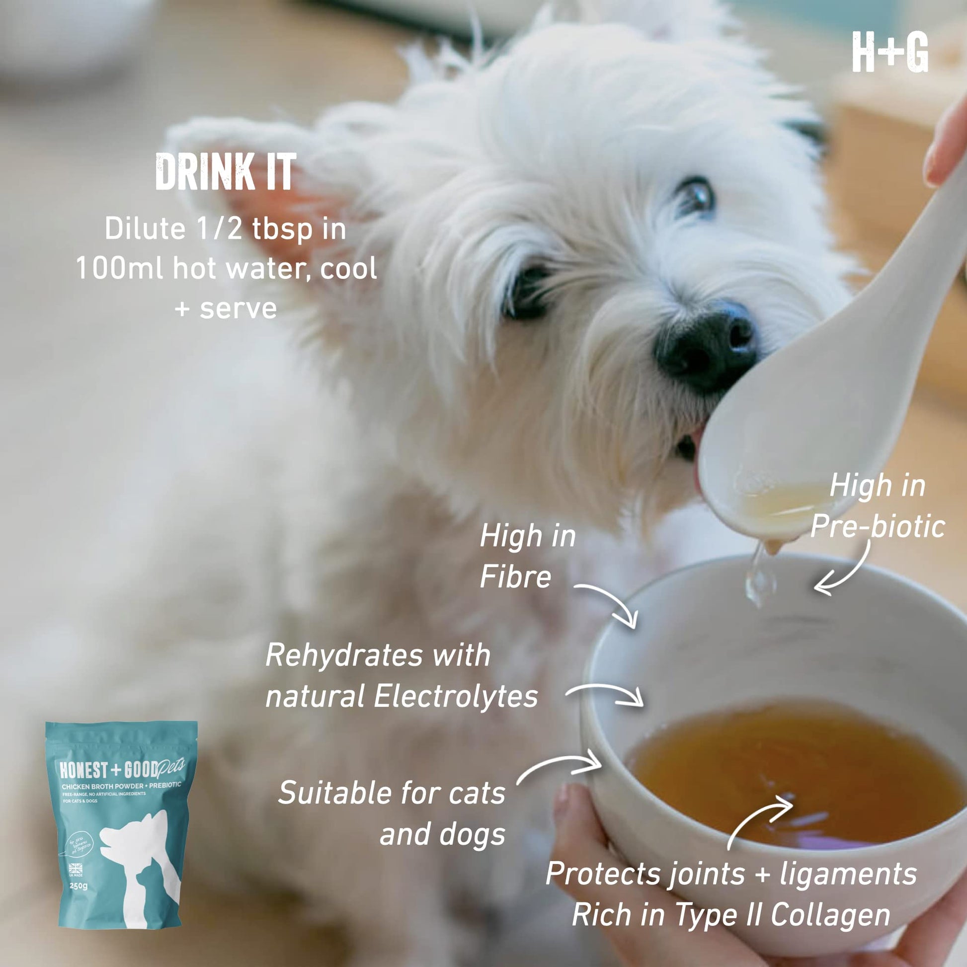 Honest + Good Pets UK's Chicken Bone Broth + Pre-biotic | Hip & Joint, Digestion, Gut for Dogs & Cats | Dog & Cat Bone Broth | High in Type II Collagen & Fibre | 50 Servings 250g - DeKove