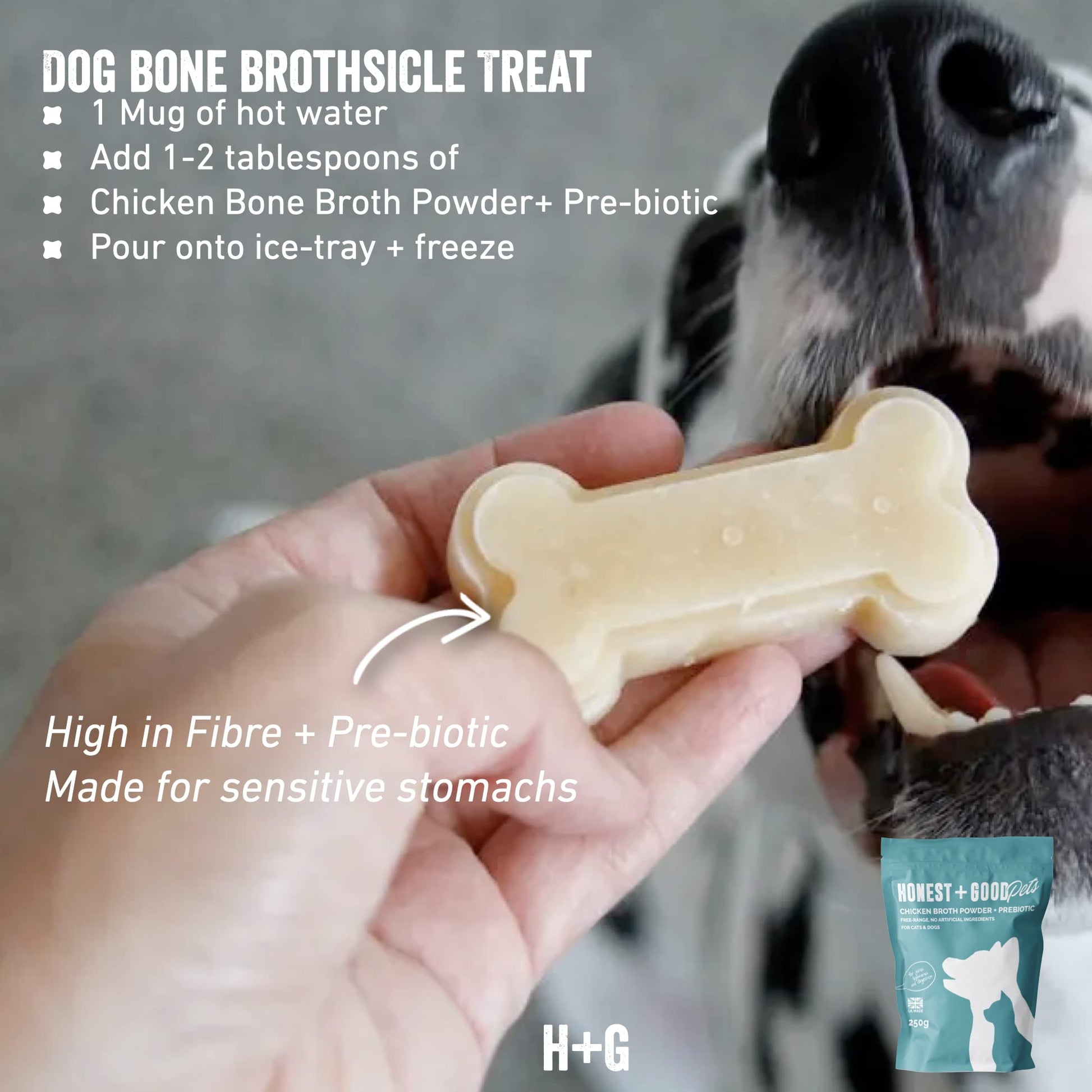 Honest + Good Pets UK's Chicken Bone Broth + Pre-biotic | Hip & Joint, Digestion, Gut for Dogs & Cats | Dog & Cat Bone Broth | High in Type II Collagen & Fibre | 50 Servings 250g - DeKove