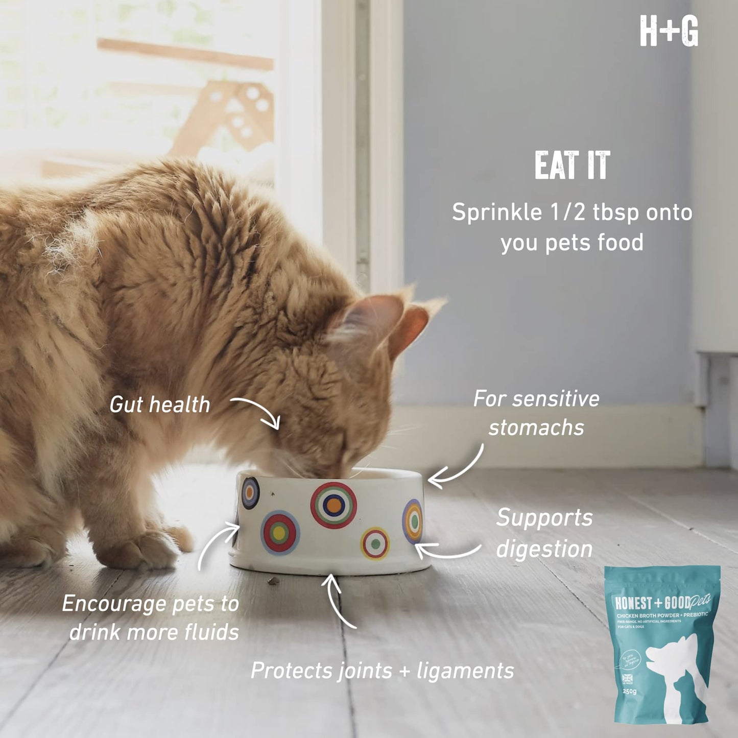 Honest + Good Pets UK's Chicken Bone Broth + Pre-biotic | Hip & Joint, Digestion, Gut for Dogs & Cats | Dog & Cat Bone Broth | High in Type II Collagen & Fibre | 50 Servings 250g - DeKove