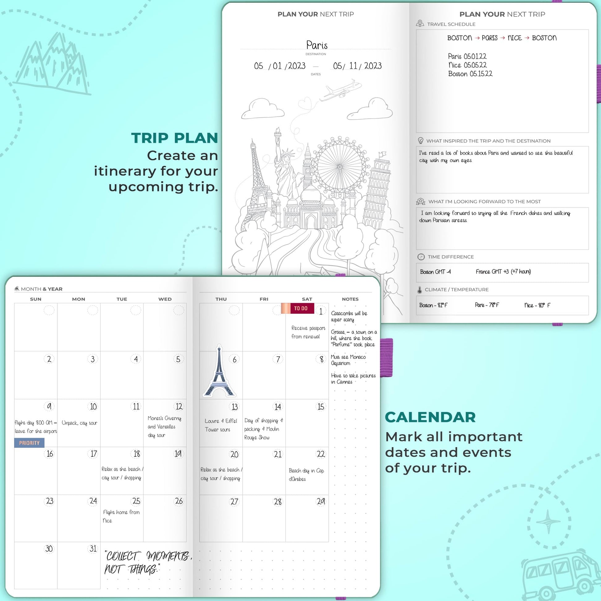 Clever Fox Travel Journal – Vacation Planner with Budget Plan, Packing List, Expense Tracker & Trip Journal – Travelling Itinerary Organizer for Women, Men & Couples – Pocket Size, Turquoise - DeKove
