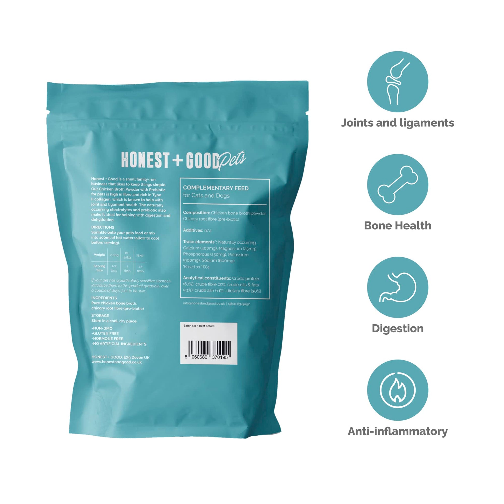 Honest + Good Pets UK's Chicken Bone Broth + Pre-biotic | Hip & Joint, Digestion, Gut for Dogs & Cats | Dog & Cat Bone Broth | High in Type II Collagen & Fibre | 50 Servings 250g - DeKove