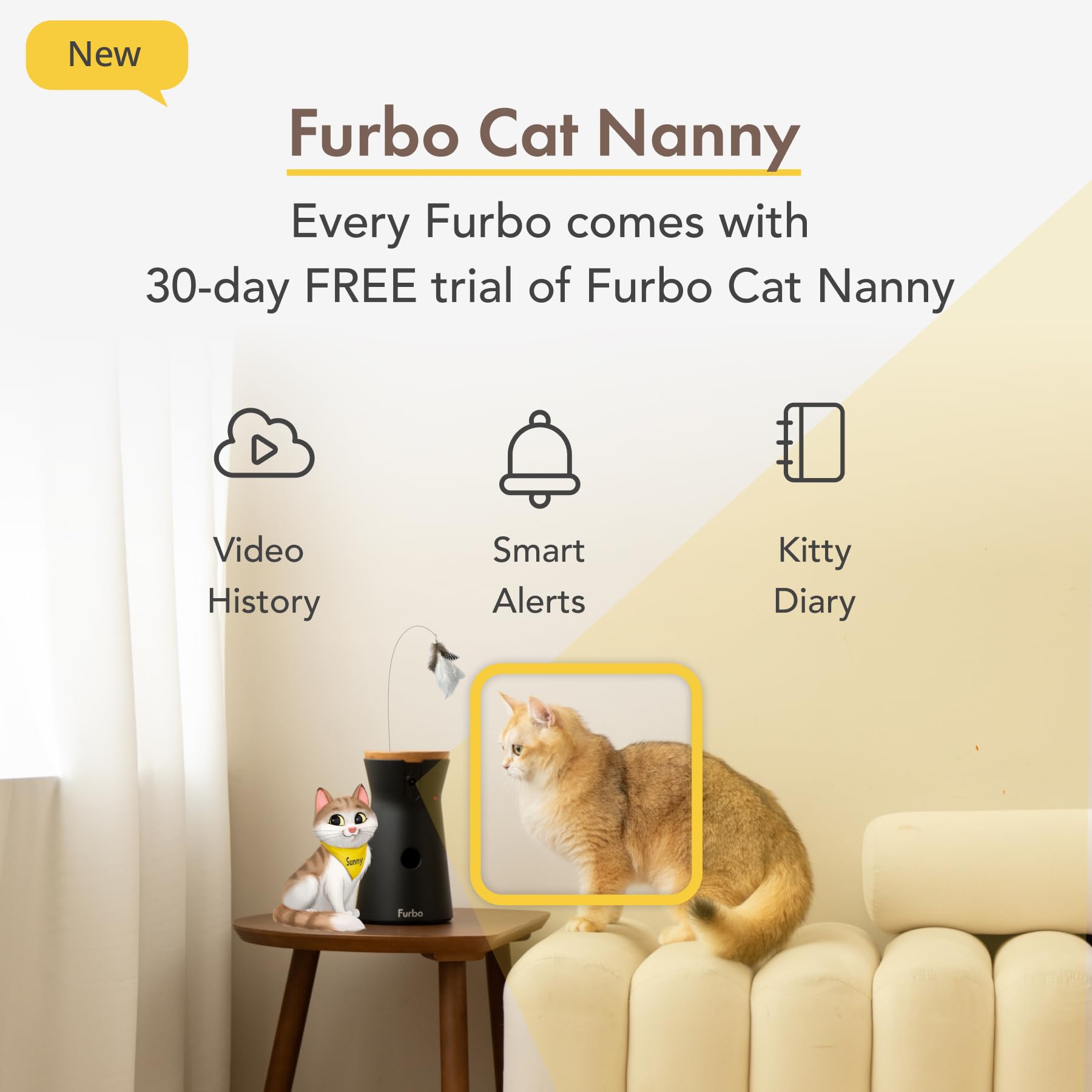 Furbo 360° Cat Camera [BASIC CAMERA]: Pet Monitor w/App, Rotating 360° View, Colour Night Vision, Auto-Tracking, Treat-toss, Meowing Alert. Loved by millions of pet parents worldwide - DeKove