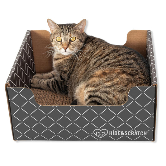 HIDE & SCRATCH Large Cardboard Cat Bed and Scratching Box with Refillable Double-Sided Cardboard Cat Scratching Board (40 x 33cm) - DeKove