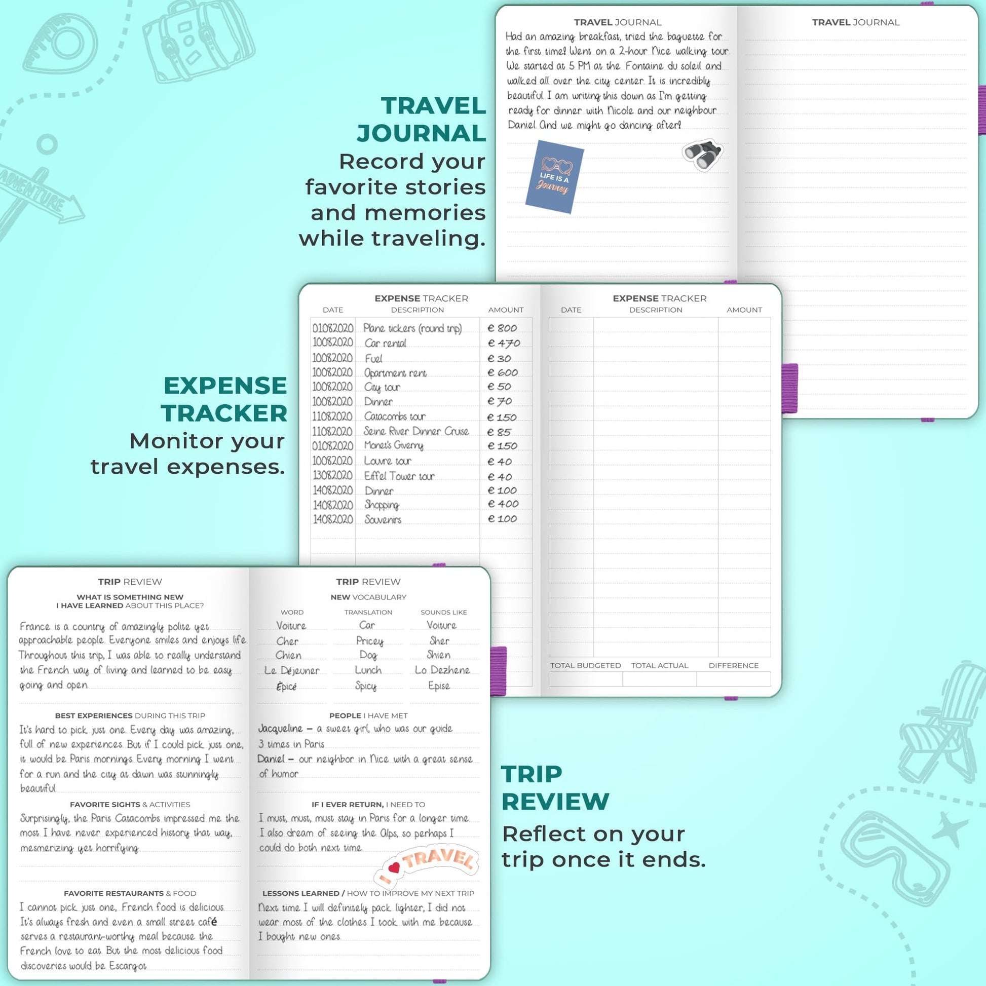 Clever Fox Travel Journal – Vacation Planner with Budget Plan, Packing List, Expense Tracker & Trip Journal – Travelling Itinerary Organizer for Women, Men & Couples – Pocket Size, Turquoise - DeKove
