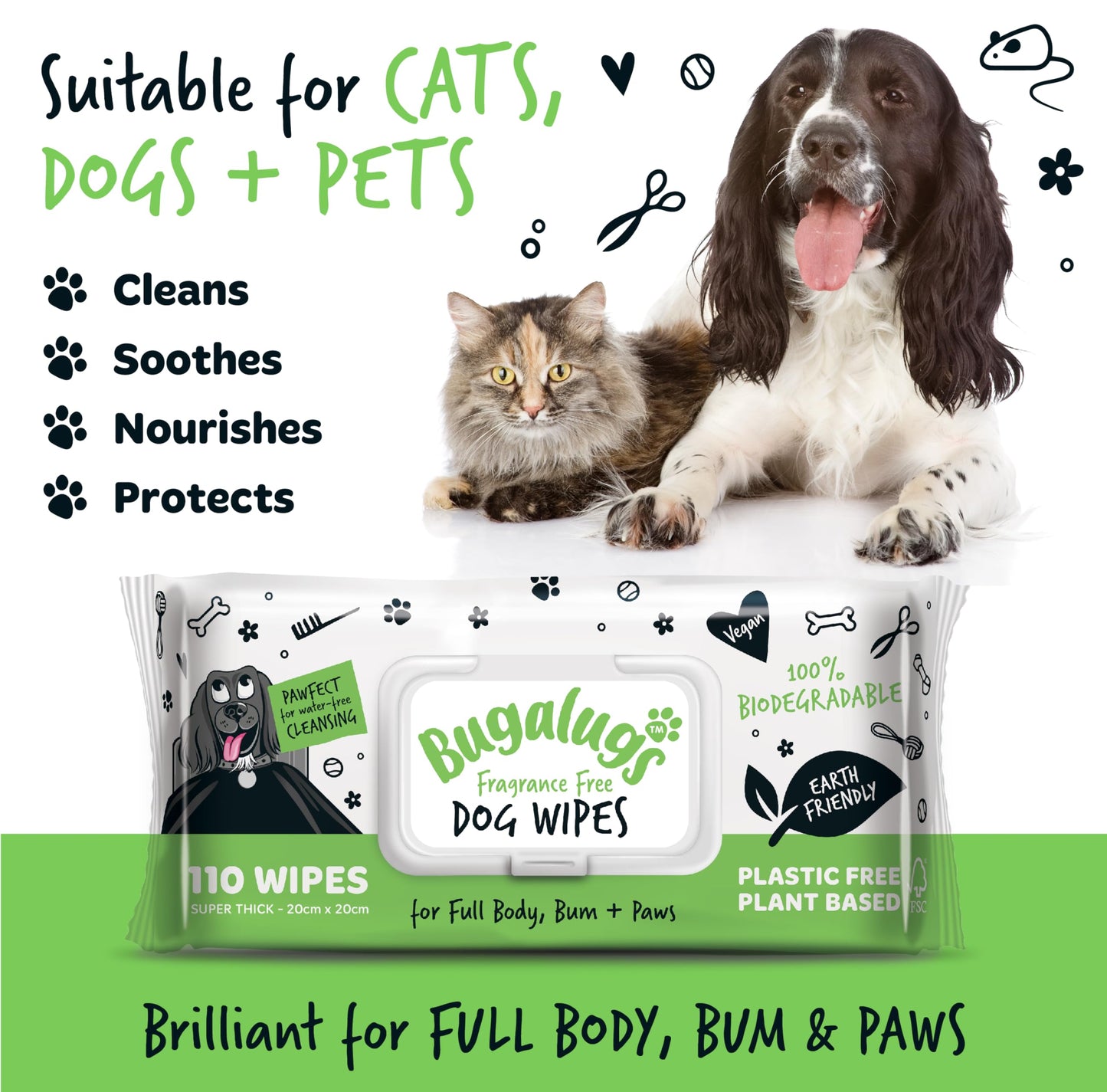 BUGALUGS Dog Wipes, 100% Plastic Free Biodegradable pet wipes for full body, eye wipes, ear wipes, bum & paws. 110 sensitive dog grooming wipes for dogs, puppy & cat grooming (Fragrance Free) - DeKove