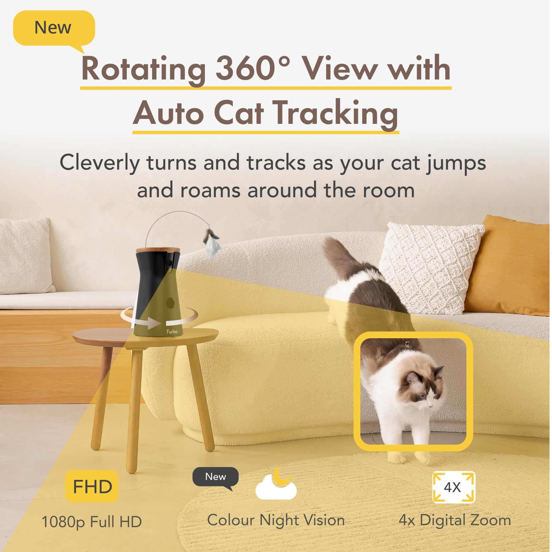 Furbo 360° Cat Camera [BASIC CAMERA]: Pet Monitor w/App, Rotating 360° View, Colour Night Vision, Auto-Tracking, Treat-toss, Meowing Alert. Loved by millions of pet parents worldwide - DeKove