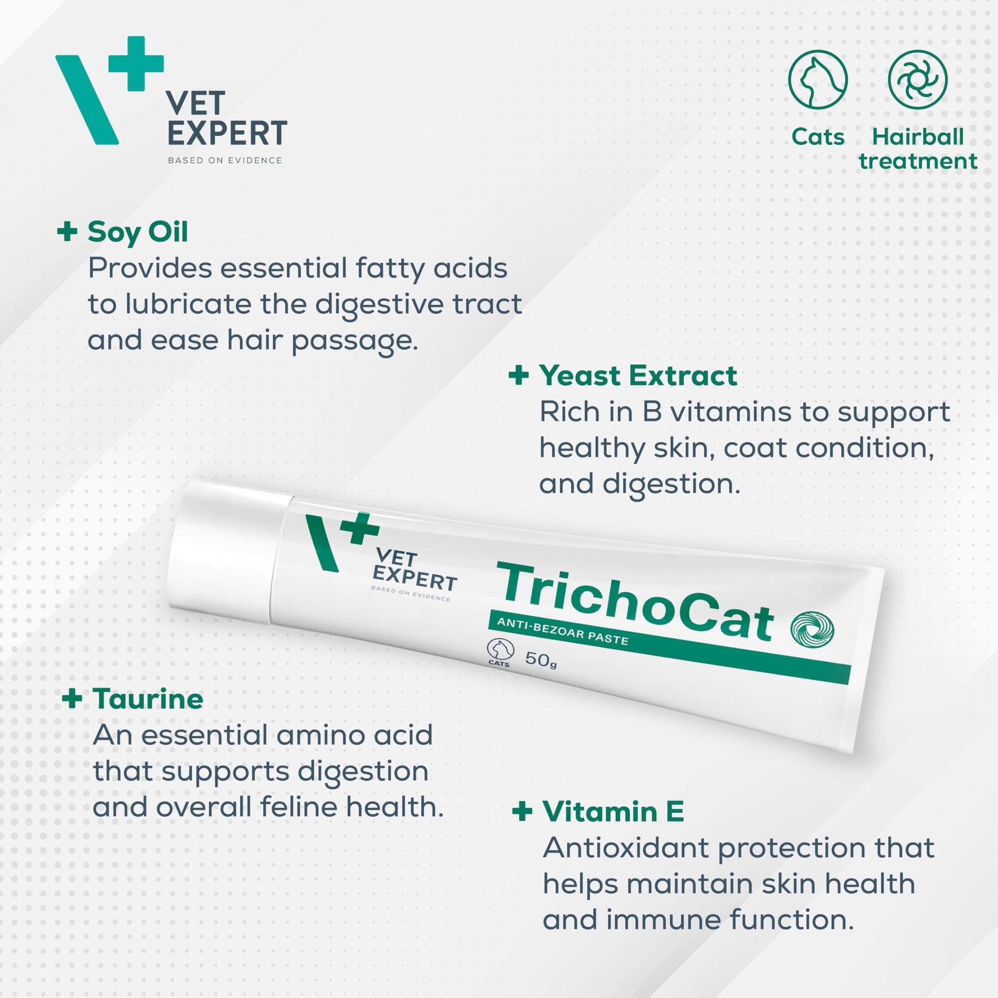 Vet Expert TrichoCat Hairball Treatment for Cats – Prevents and Removes Hairballs with Soy Oil, Yeasts, Taurine, and Vitamins E, B2, B3 – 50g Paste - DeKove