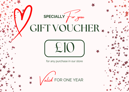 A 10 GBP gift voucher graphic with a red heart outline, scattered red stars, and text reading 'SPECIALLY For you GIFT VOUCHER' and 'Valid FOR ONE YEAR'.