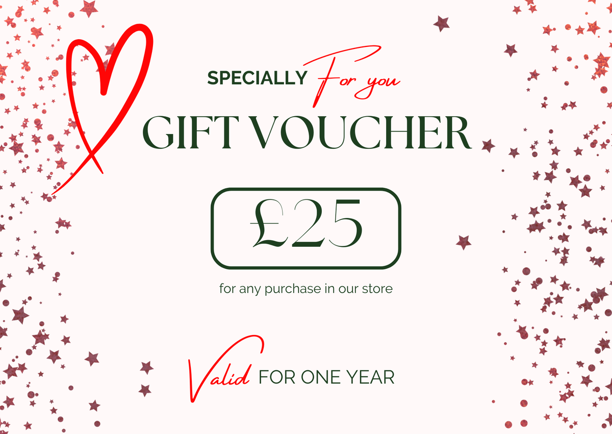 A 25 GBP gift voucher graphic with a red heart outline, red and dark green text, and scattered star confetti on a white background.